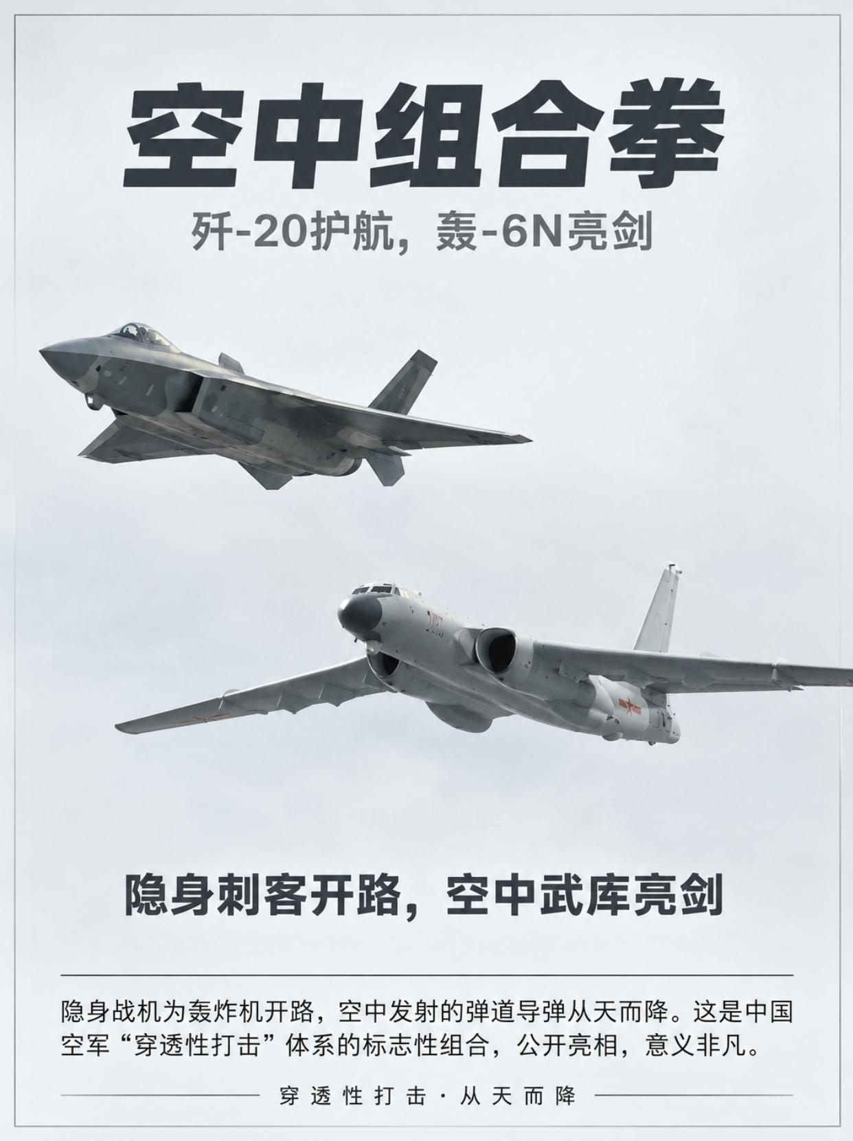 歼20搭配轰6N，铸就空军远程穿透打击王牌！
双机同框亮相，解锁国产空中战略打击