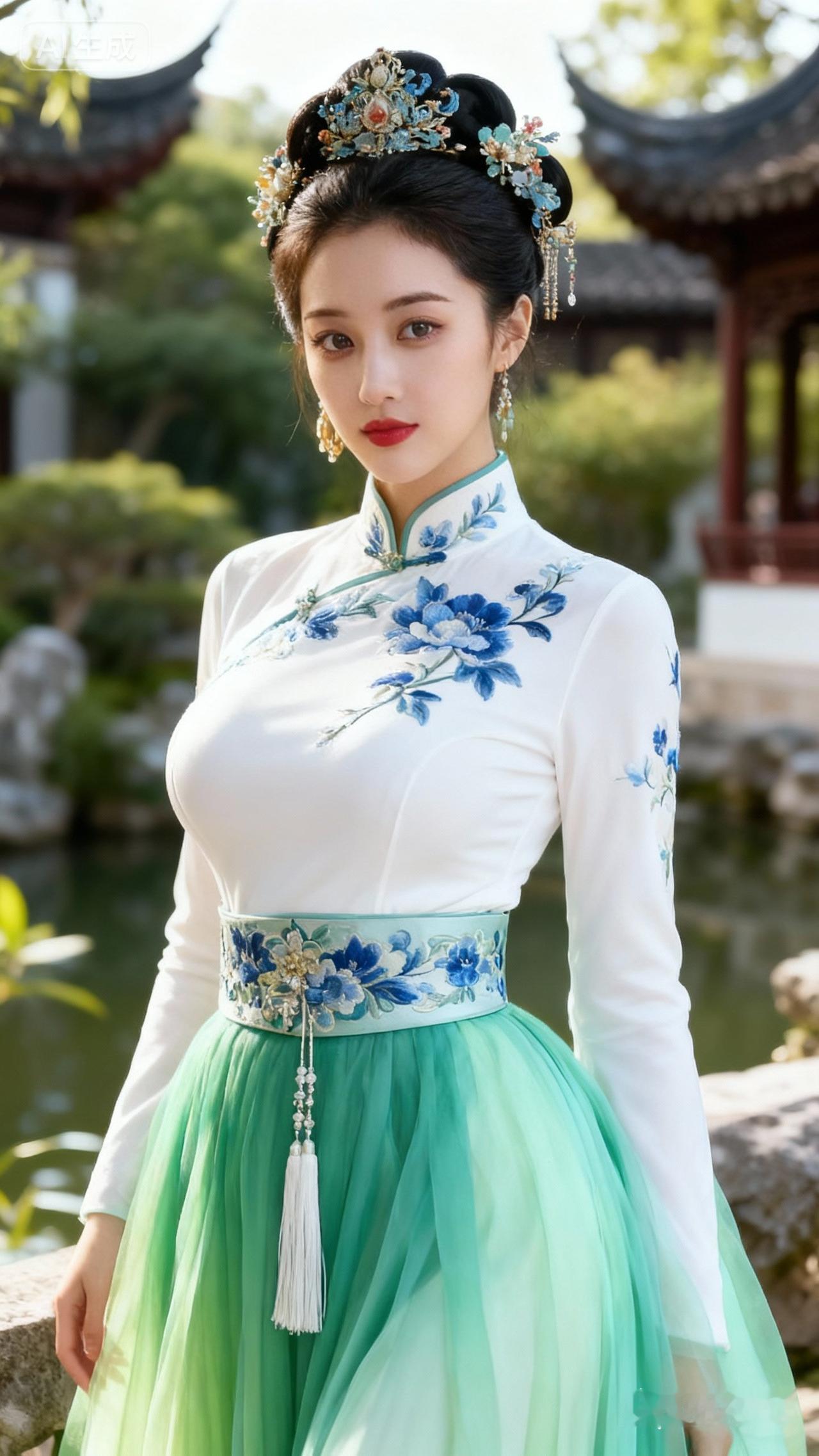 古典美人，白衣蓝花，古风韵味，惊艳了时光