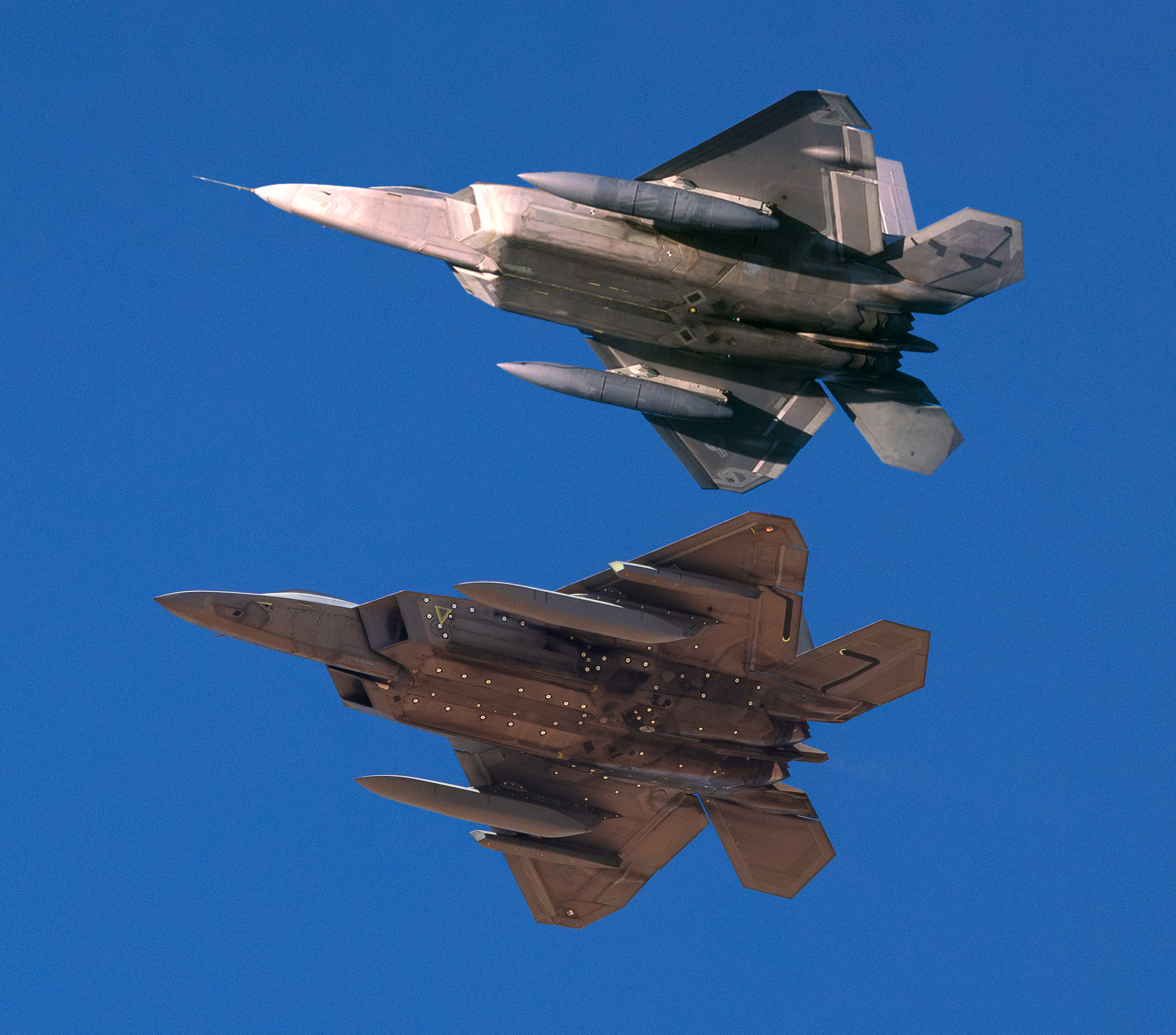 F-22携带的低可探测副油箱和常规副油箱的对比图 