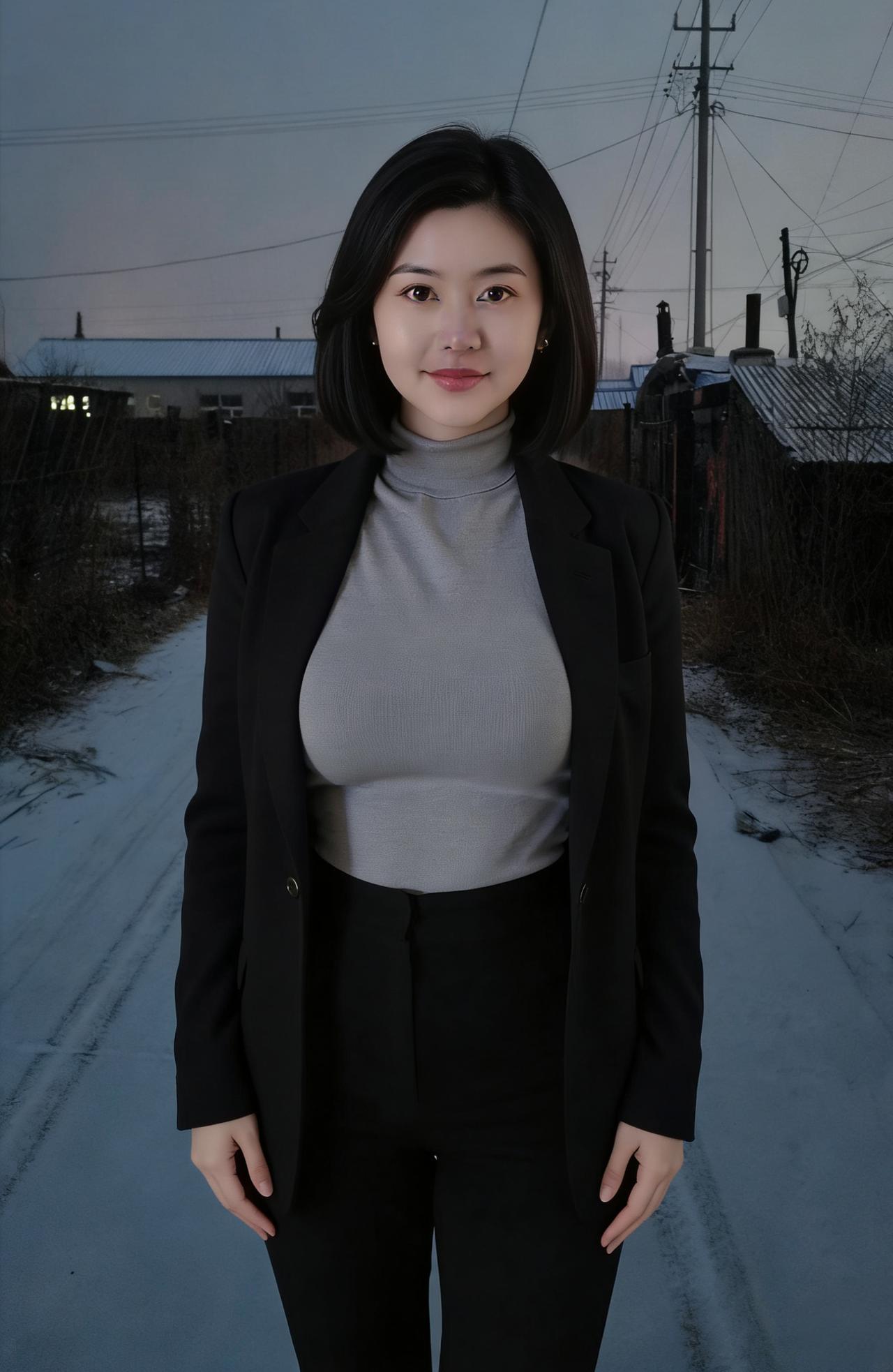 寒巷铺新雪，佳人立暮烟。
眸中融暖光，胜却月婵娟。