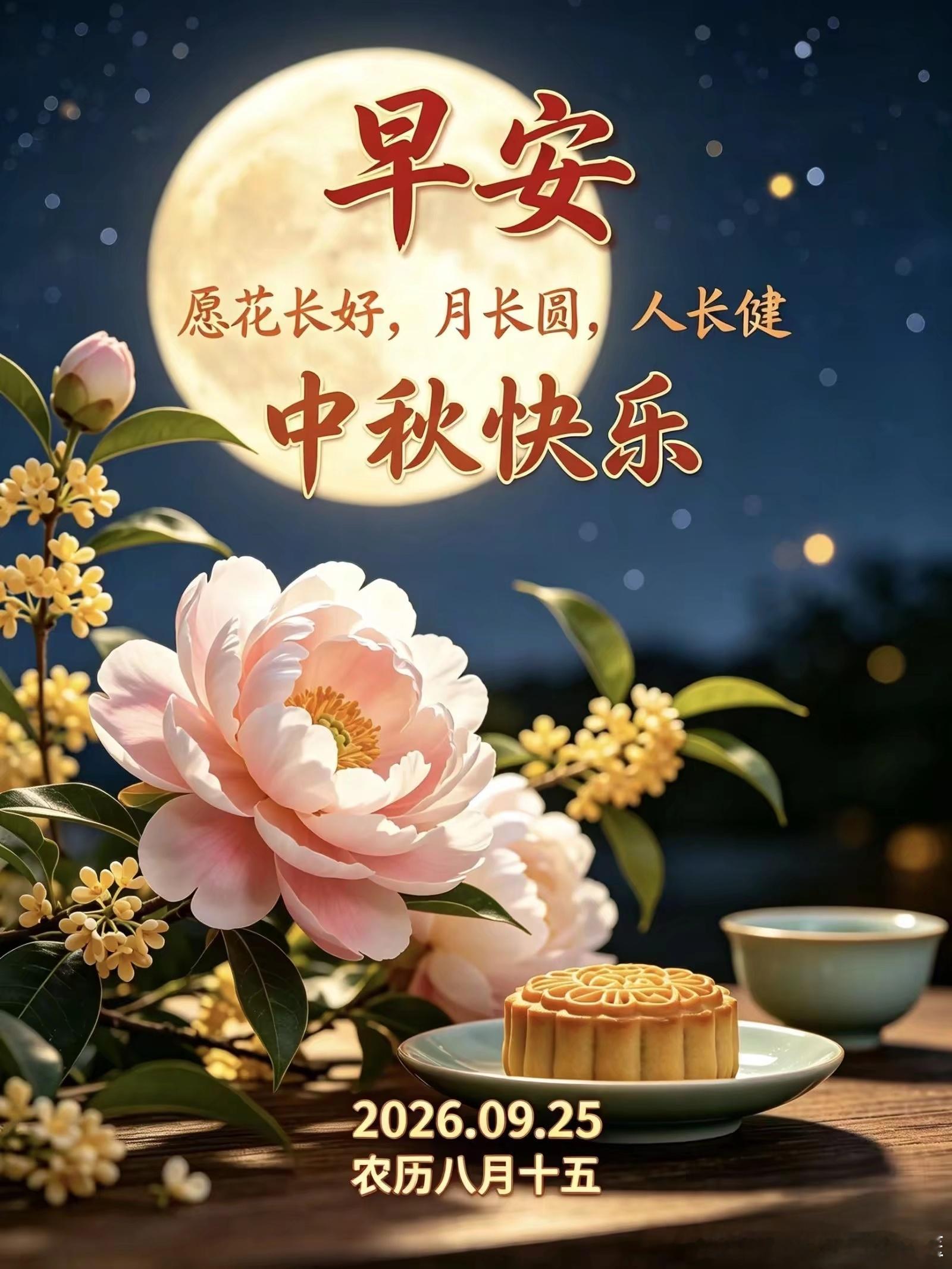 中秋早安岁岁安康一轮皓月悬于深蓝夜空，清辉漫洒，点亮人间良辰。牡丹盛放，桂香浮动