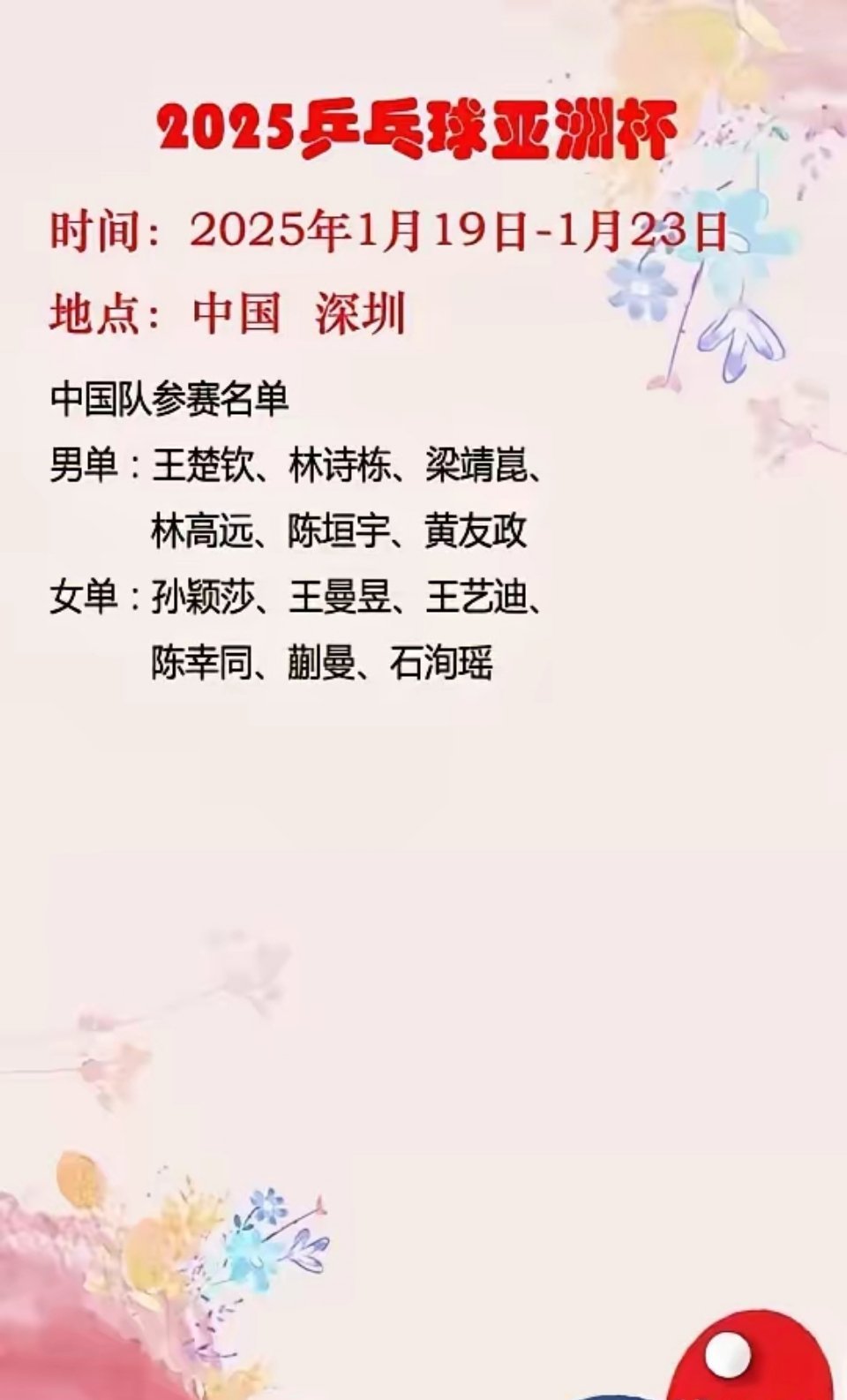 国乒公布亚洲杯参赛阵容，采用新老结合模式。令人意外的是，处于当打之年的27岁樊振