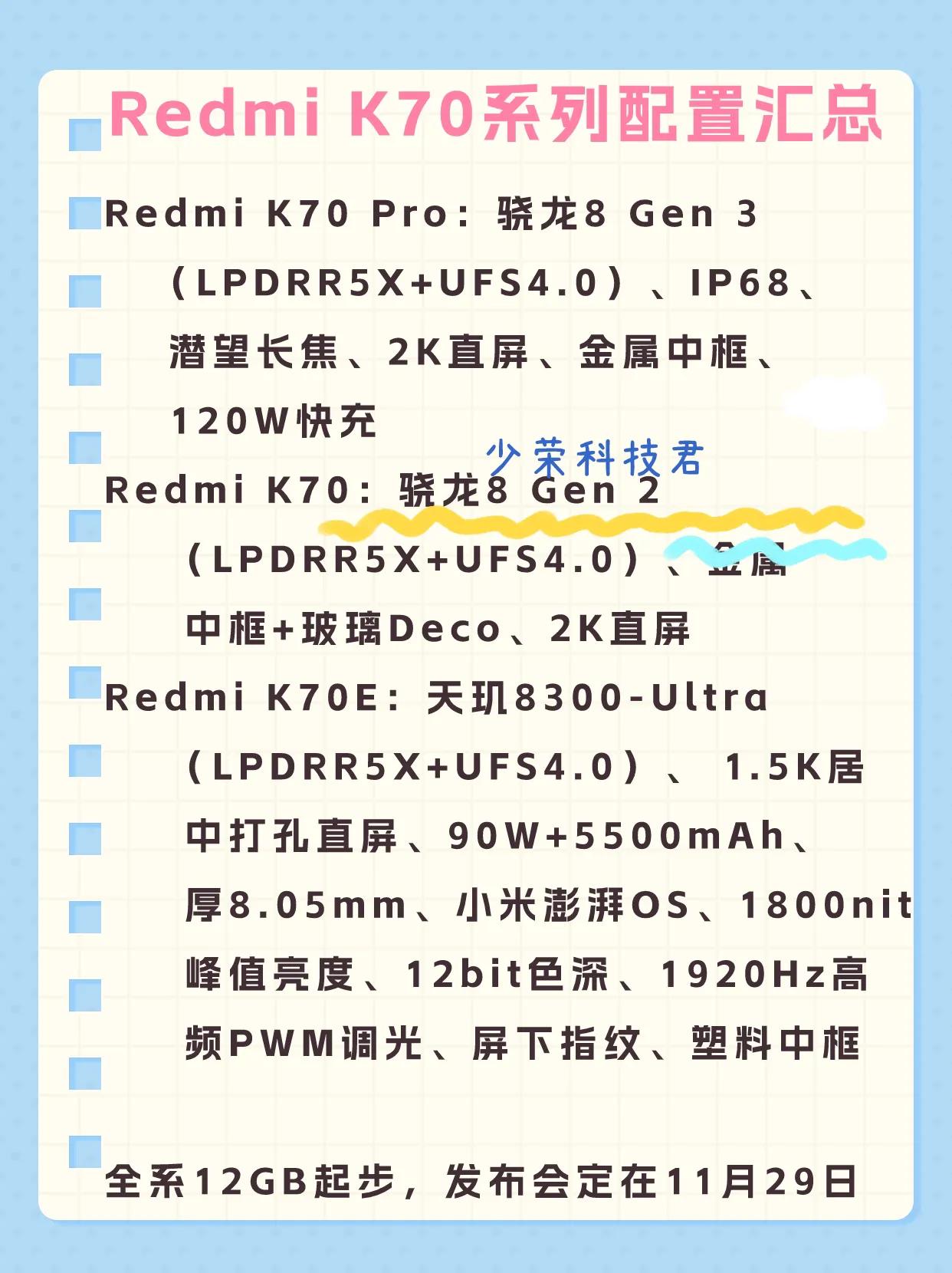 红米K70系列官宣定档，本次推出Redmi K70E、Redmi K70和Red