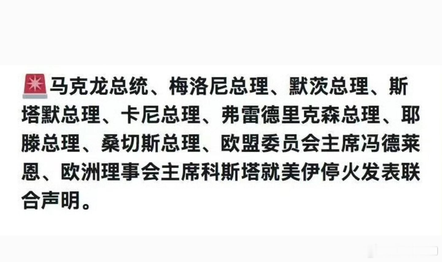 美欧领导发表联合声明，对美伊停火协议表示欢迎，并呼吁各方执行。 