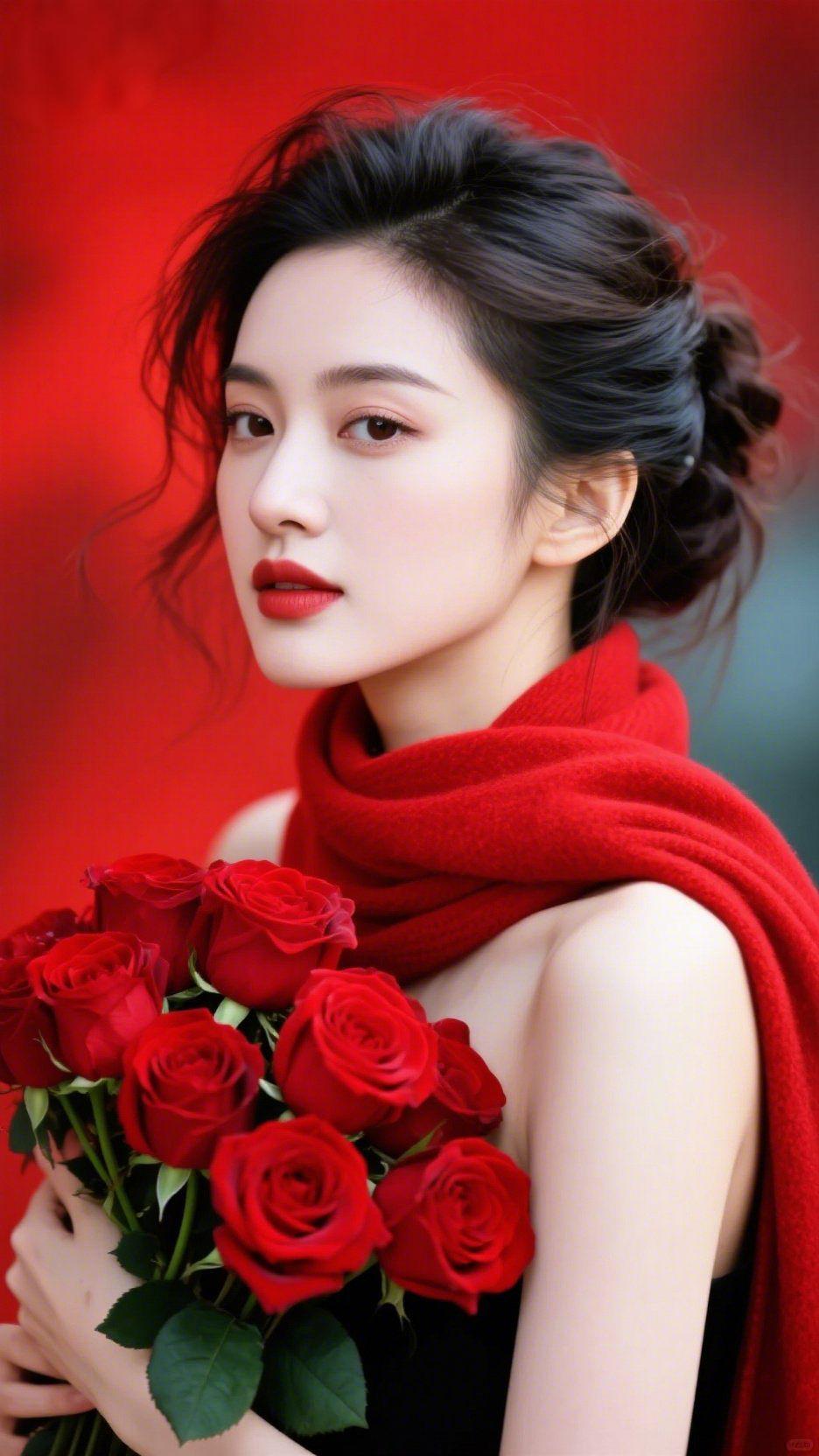 《红韵里的温与炽》
 
浓烈的红铺作背景，像把整季的热忱都浸在了这帧画面里。她肩