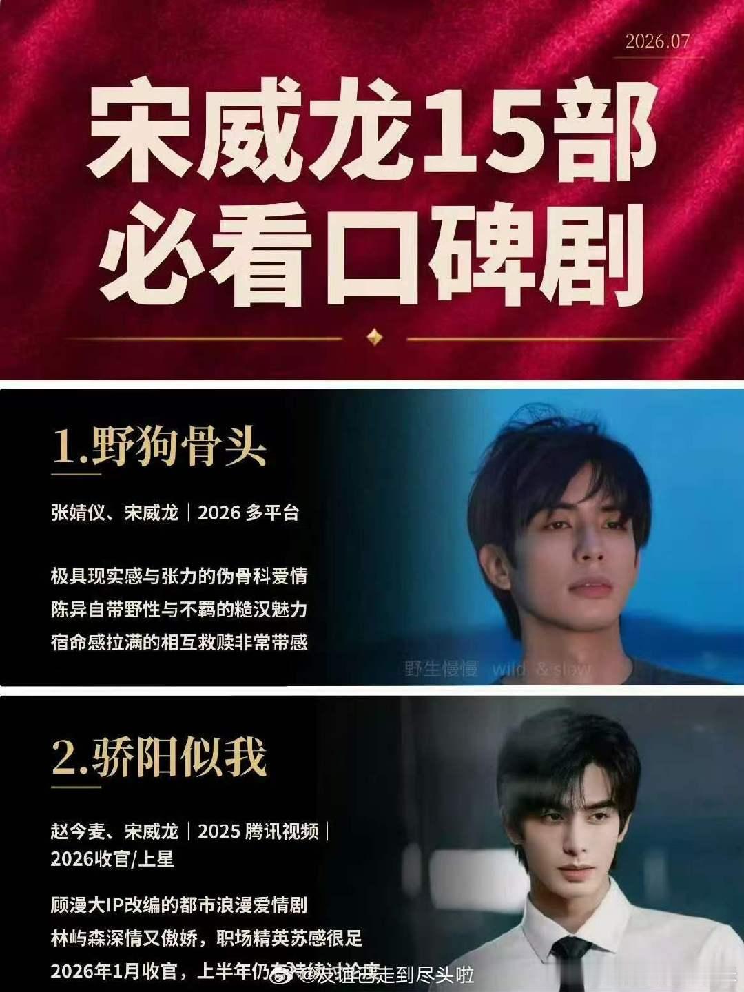 宋威龙口碑 2026现偶天花板！《骄阳似我》长尾发力直冲年榜，《野狗骨头》收视一