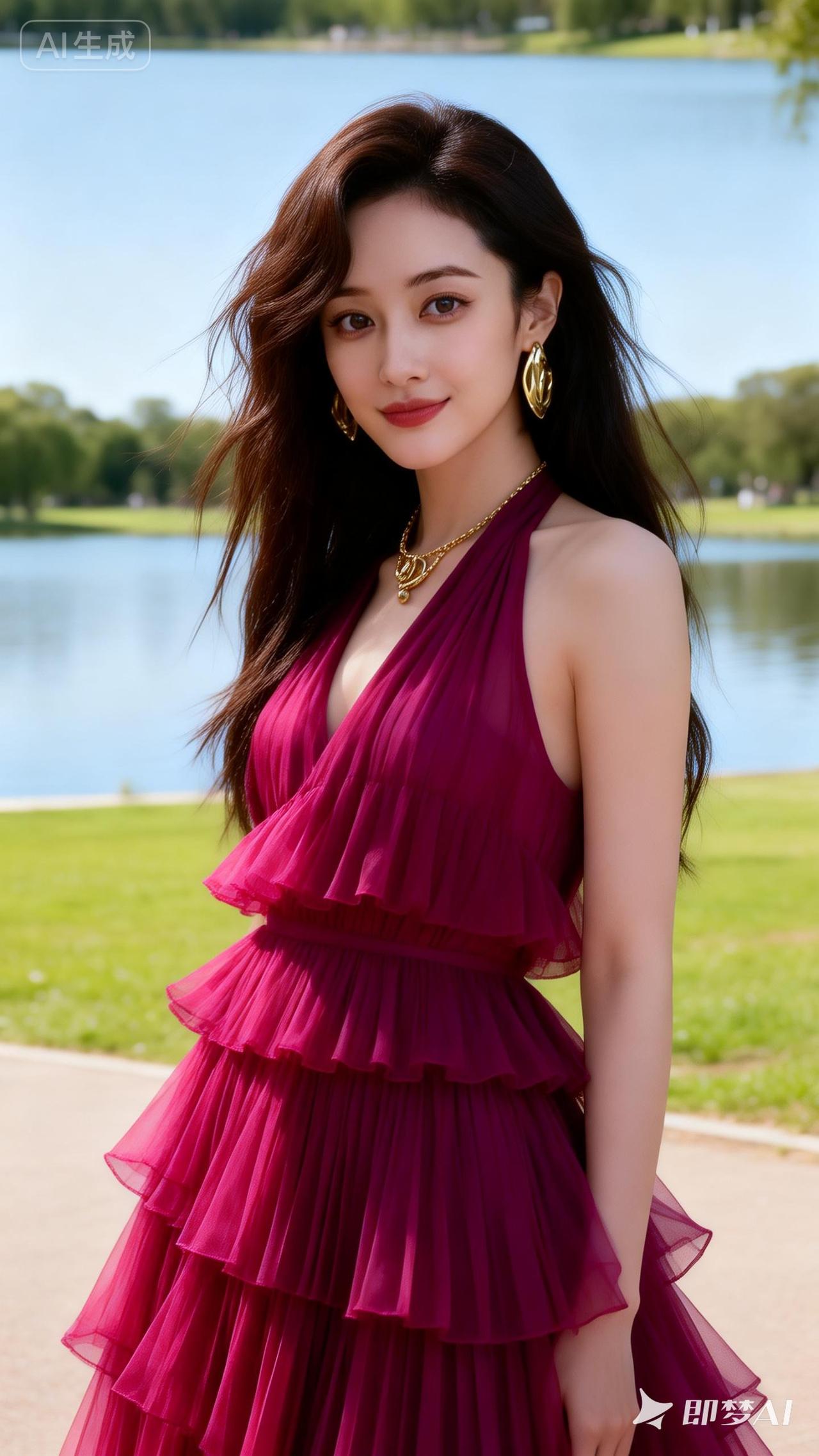湖畔漫步，紫裙飘逸，尽显优雅气质