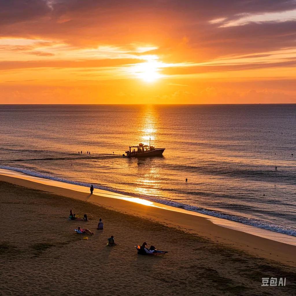 黄海之上，夕阳倾洒金芒。归舟破霞，海浪跃金，岸沙似绸。此景如画，时光亦醉。迎着落