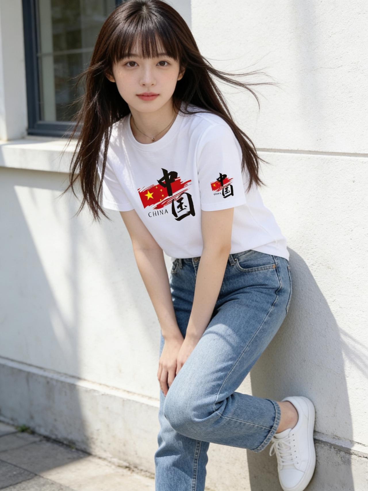 午后的阳光正好，她穿着一件纯白T恤走过街角，胸前的中国风图案格外吸睛——那是一抹