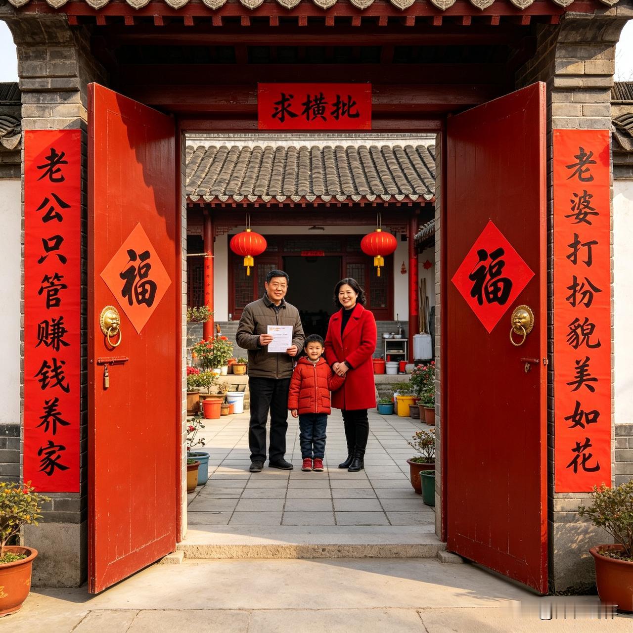 上联：老公只管赚钱养家
下联：老婆打扮貌美如花
这副对联描绘普通夫妻安稳温馨的日