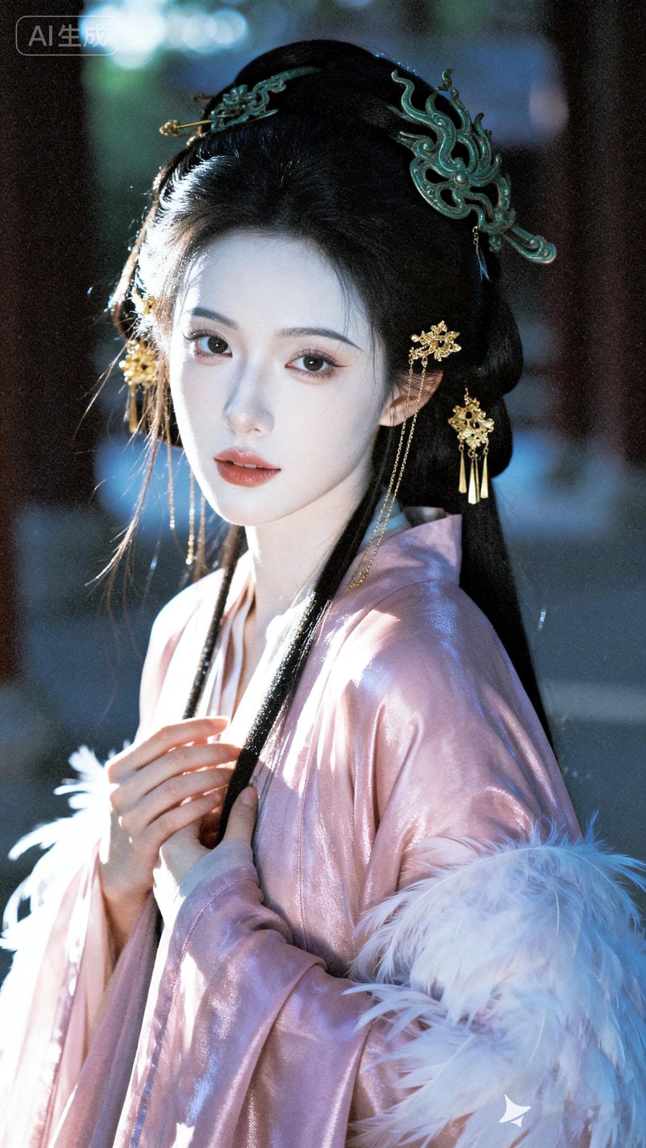 梦幻古风少女，粉裙飘飘，发饰精致，宛如画中仙子。