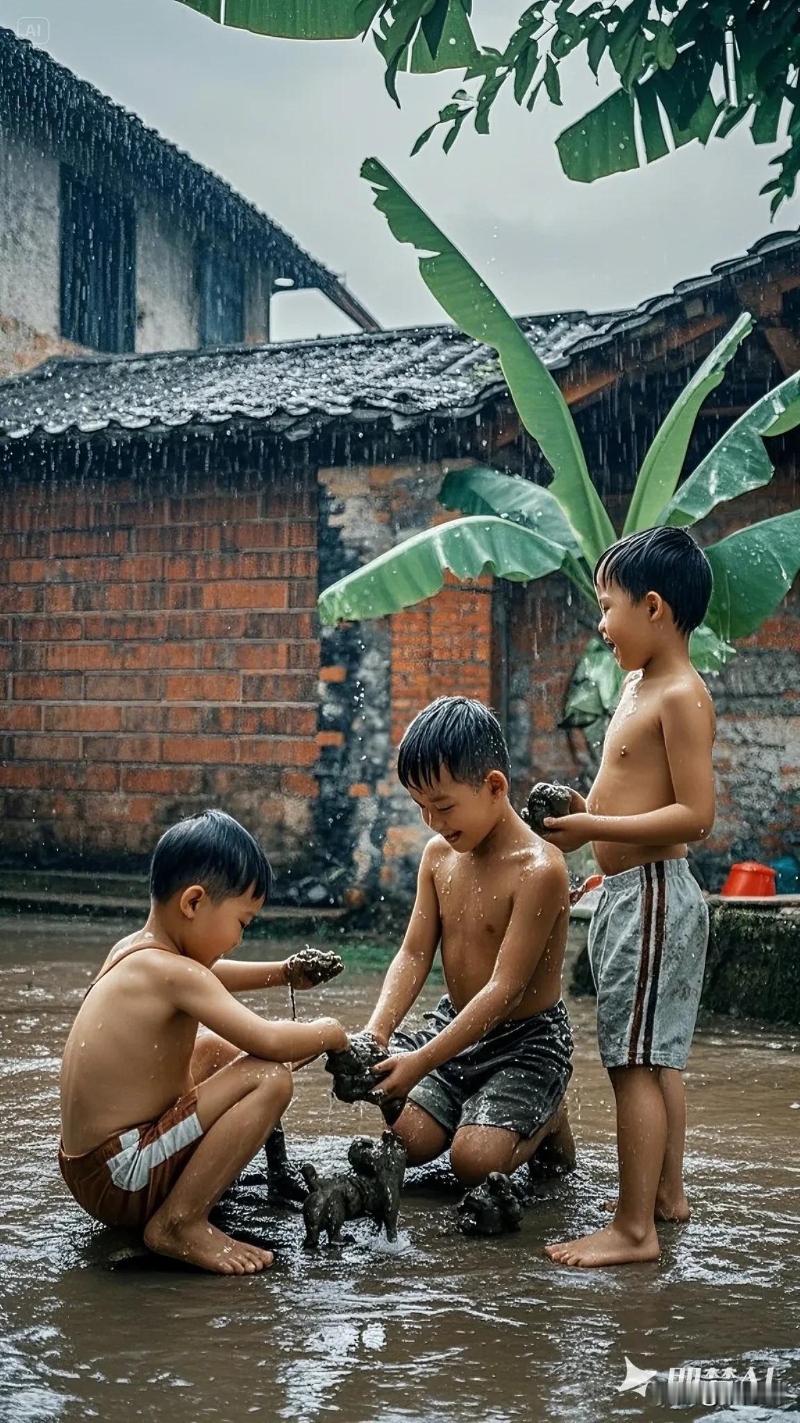 80年代，几个光着膀子小孩下雨天里玩泥巴