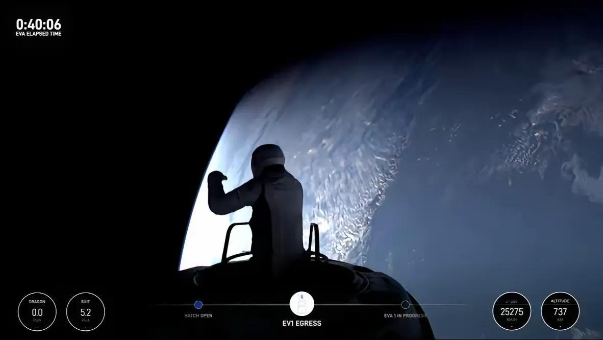 SpaceX载人龙飞船从1400公里外的太空俯瞰地球，深邃的太空幽暗漆黑，这颗蓝