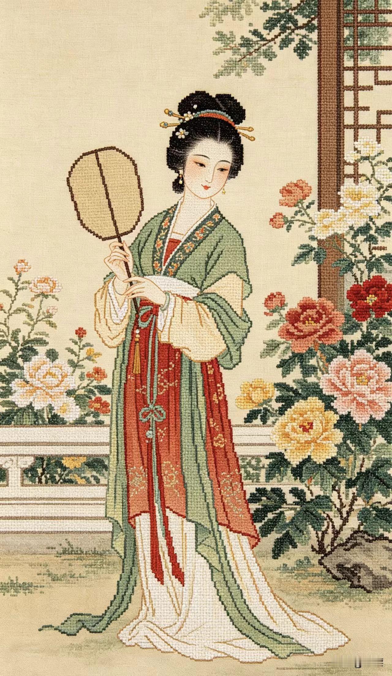 最近喜欢上了做手工，给大家看看我的十字绣作品「宋代仕女图」
十字绣绣品 十字绣图