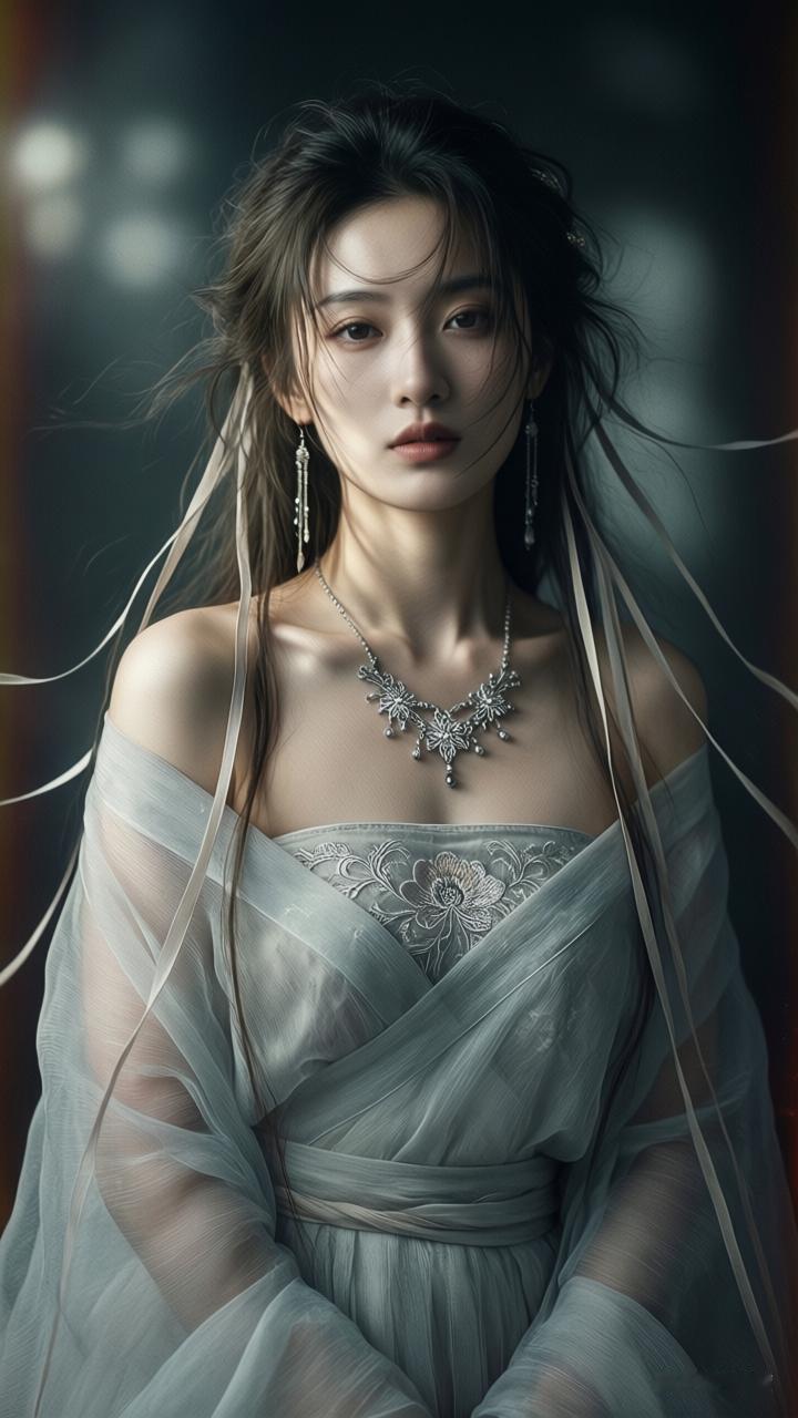 梦幻古风少女，轻盈纱裙，银饰闪耀，宛如仙子降临。