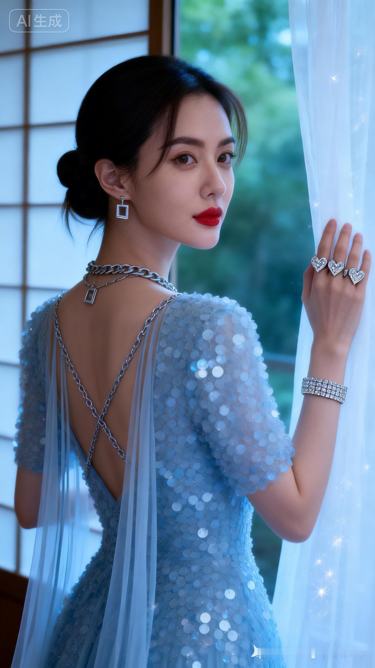女子侧身回眸，手搭白纱帘；盘发配雅致银饰，浅蓝亮片露背礼服缀纱带银链，星尘光点点