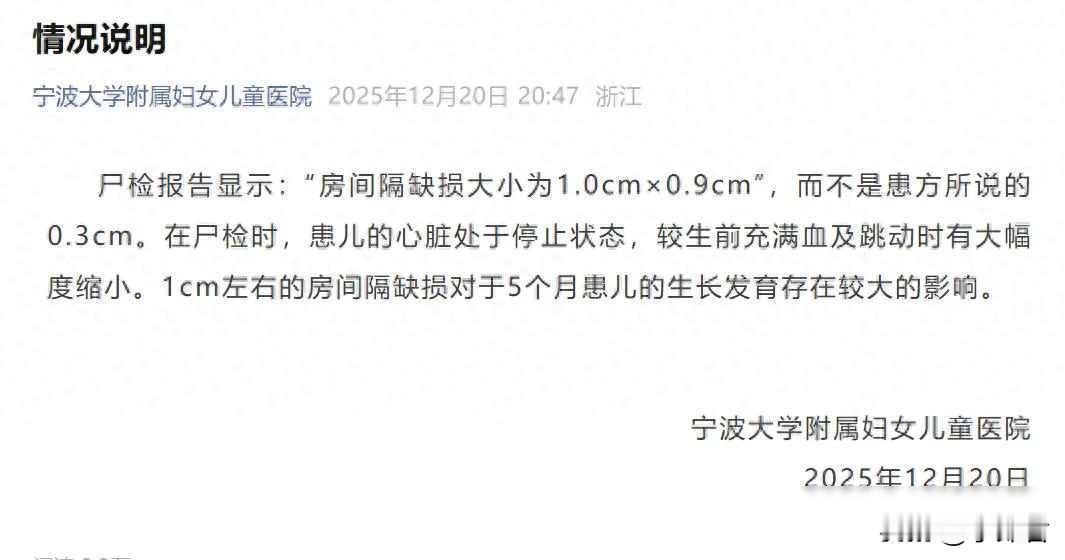 宁波5月婴亡争议：医院称心脏缺损达1cm，家属质疑数据差异
12月20日，宁波大