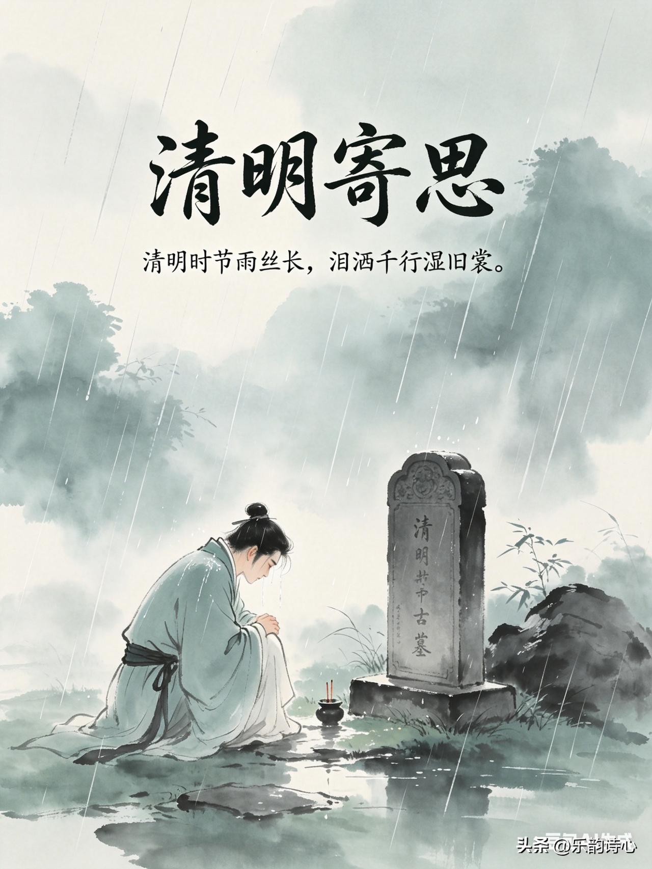 《清明寄哀思》乐韵诗心原创诗词:
清明时节雨丝长，
泪洒千行湿旧裳。
世上再无慈