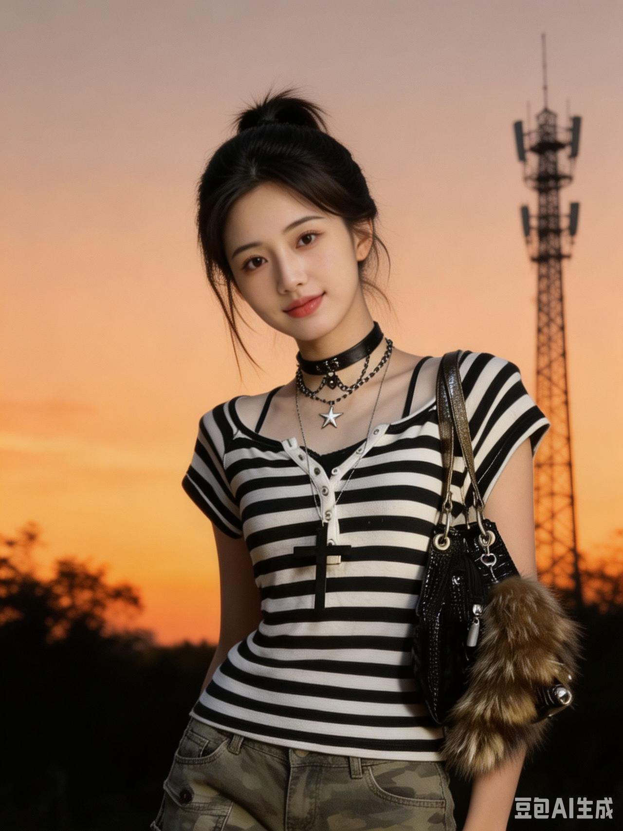 日落下的时尚少女，黑白条纹衫搭配军绿色裤子，尽显青春活力！🌇👗👖