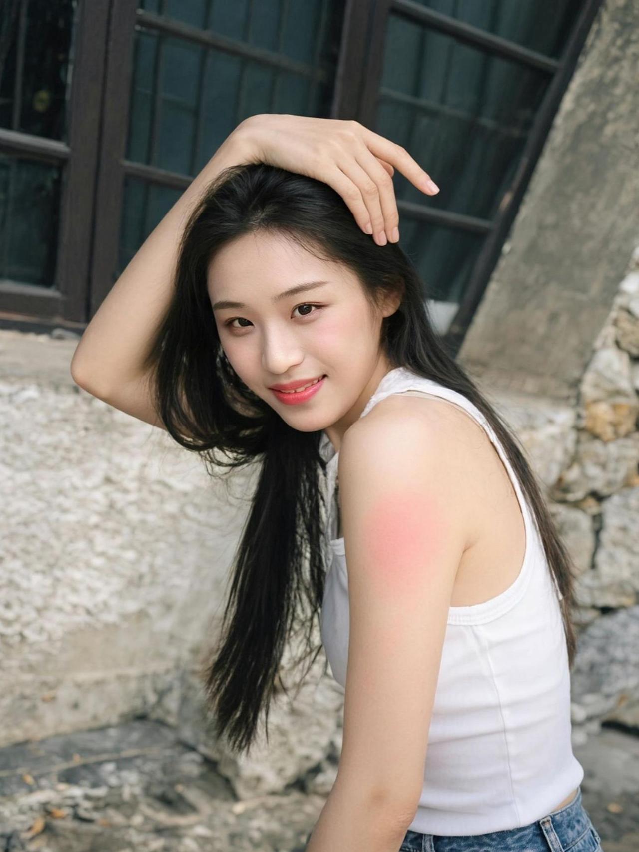 这张照片让我想起了一句老话：“岁月从不败美人，但阳光总能晒黑她。”
阳光洒在她的