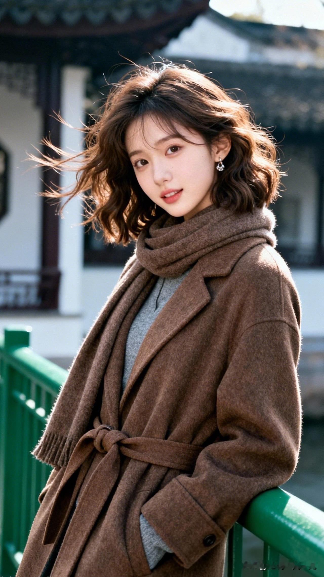 冬日暖阳下的少女，棕色大衣与围巾相得益彰，温柔动人。喜欢一个得不到的人是什么感觉