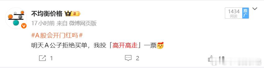 昨天已经说过，A公子今天将拒绝买单，高开高走a股
