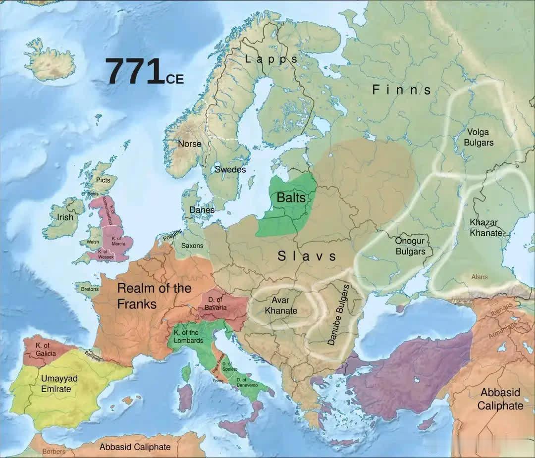 771年，大约相当于中国中唐时期。当时欧洲表面上最大的国家是法兰克王国，但实际上