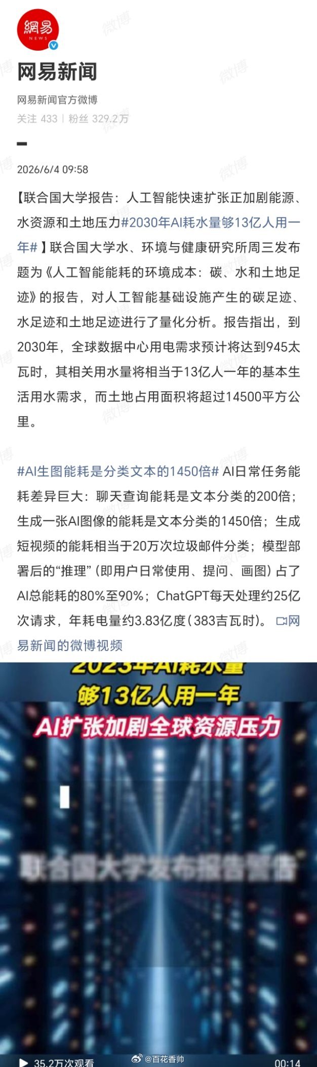2030年AI耗水量够13亿人用一年联合国大学这份报告揭示了一个令人警醒的悖论：