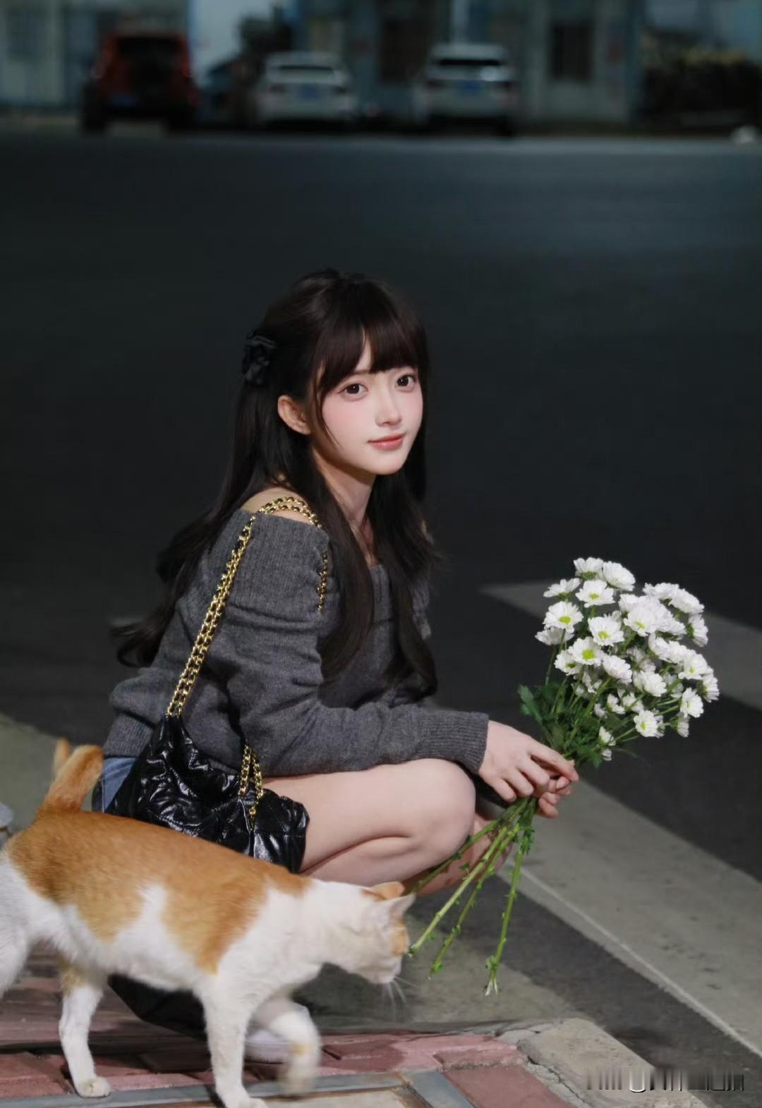 “夜晚的街头，温柔的小猫和花束，静谧而美好。”🌸🐱🌙