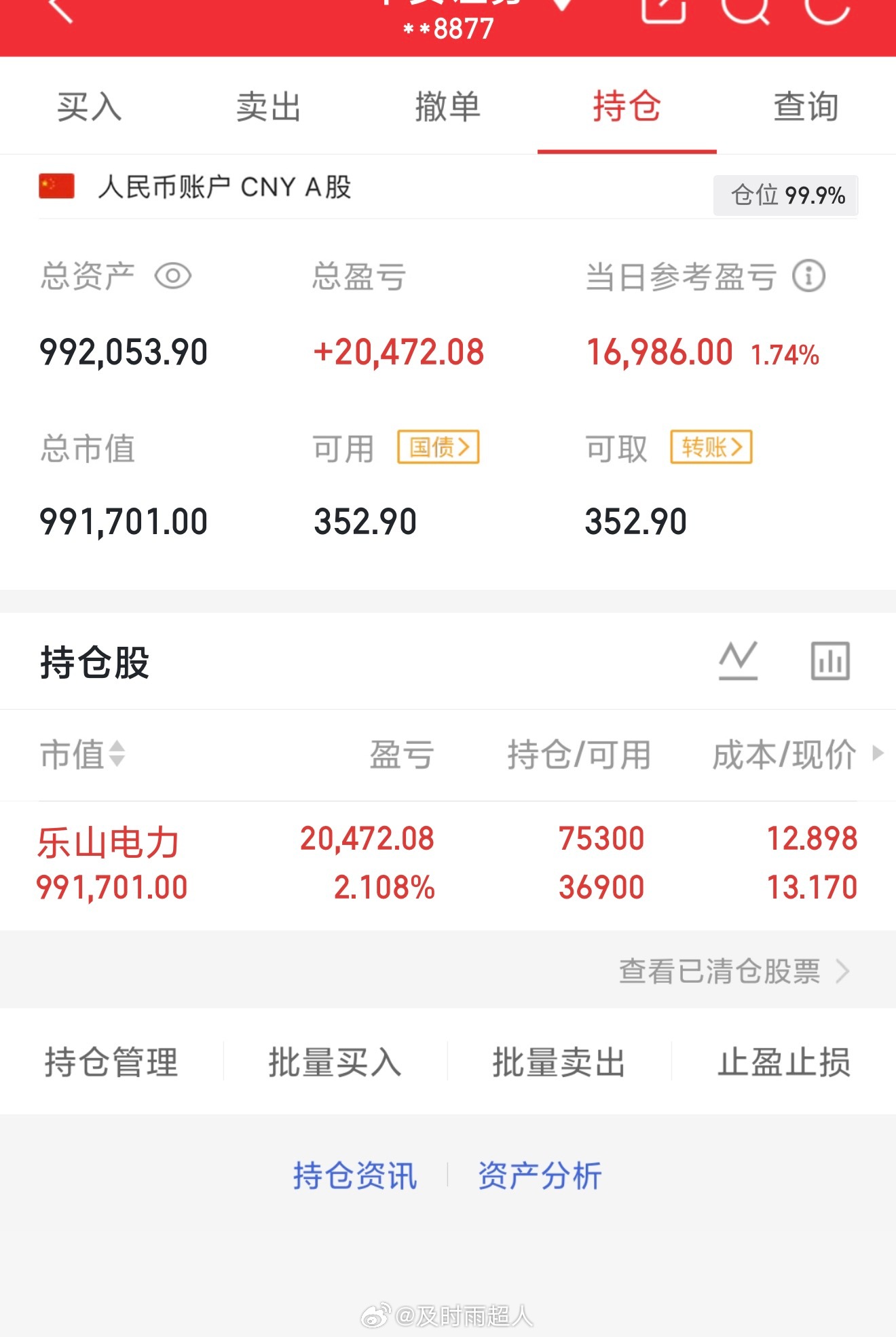 早盘开盘急速下跌的时候打满了，接下来静待花开
