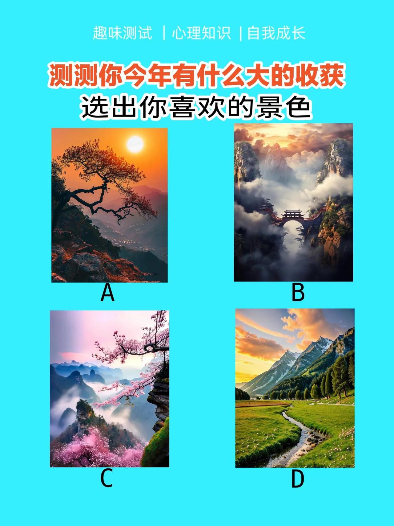 心理小测试：
探索你今年的巨大成长与收获——选择你心仪的景色
你心中理想的景色是