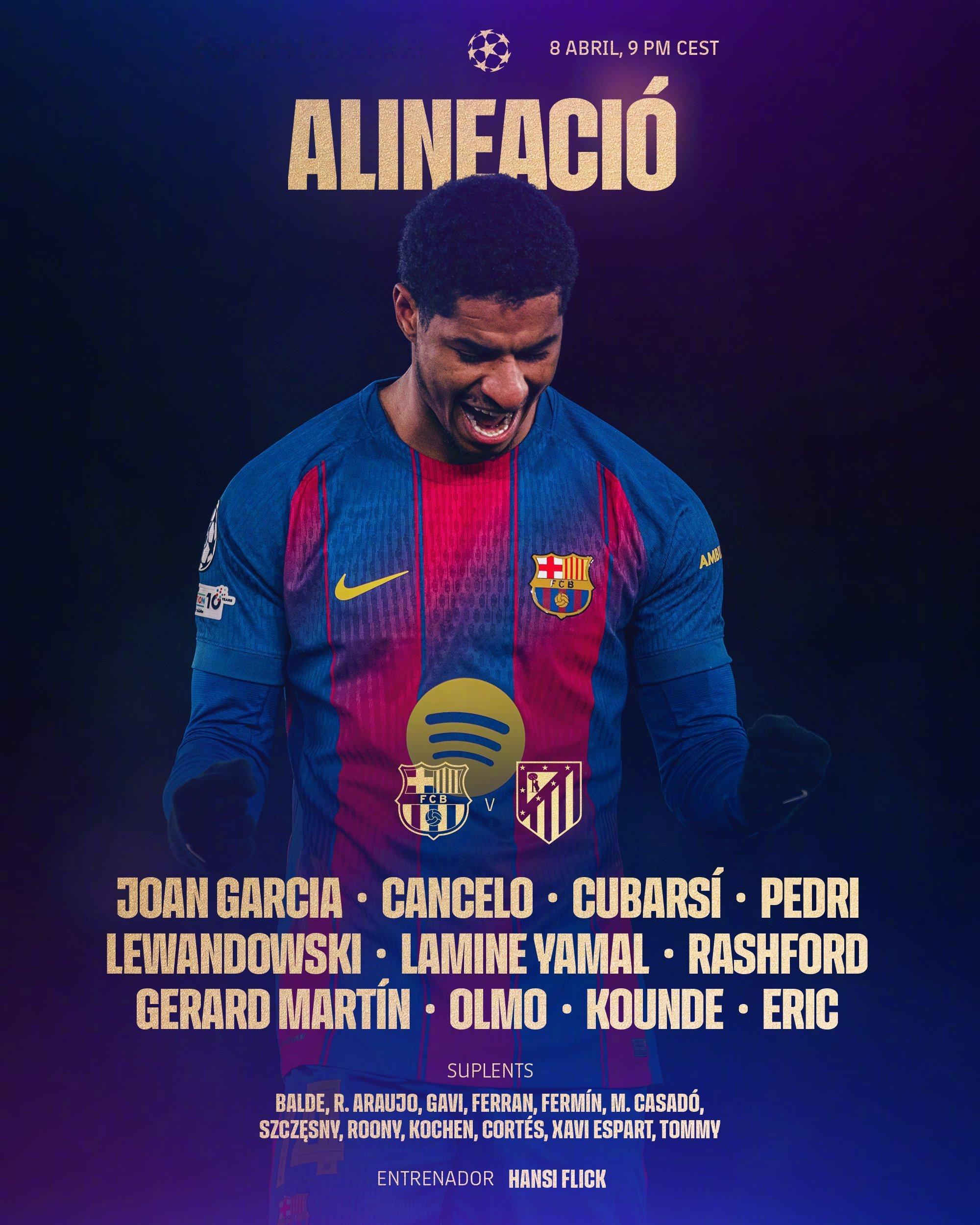 巴萨vs马竞🔥首发十一人🔥13. 乔安·加西亚 2. 坎塞洛 5. 库巴西 