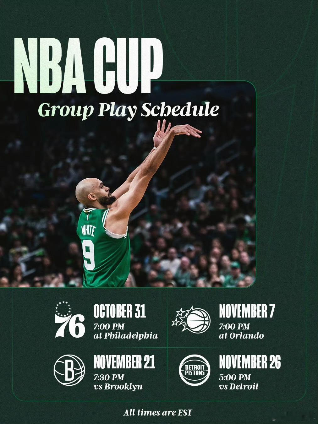 凯尔特人的NBA杯赛程，分别交锋76人、魔术、篮网、活塞。凯尔特人nba ​​​