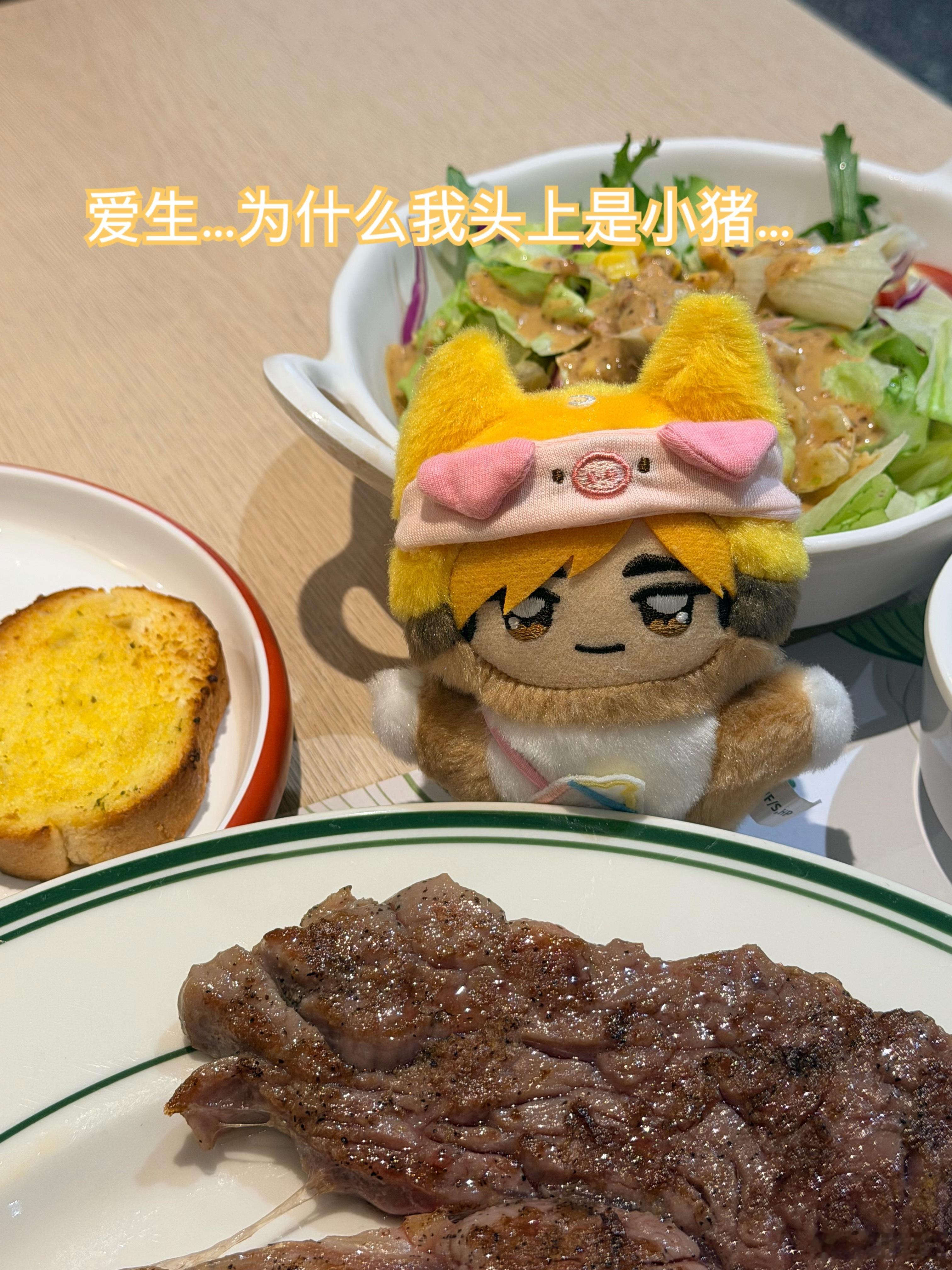 狐狸家今天的饭 吃牛排🥩给chimi侑买了一个小猪帽子……其实还有小猪背心，但