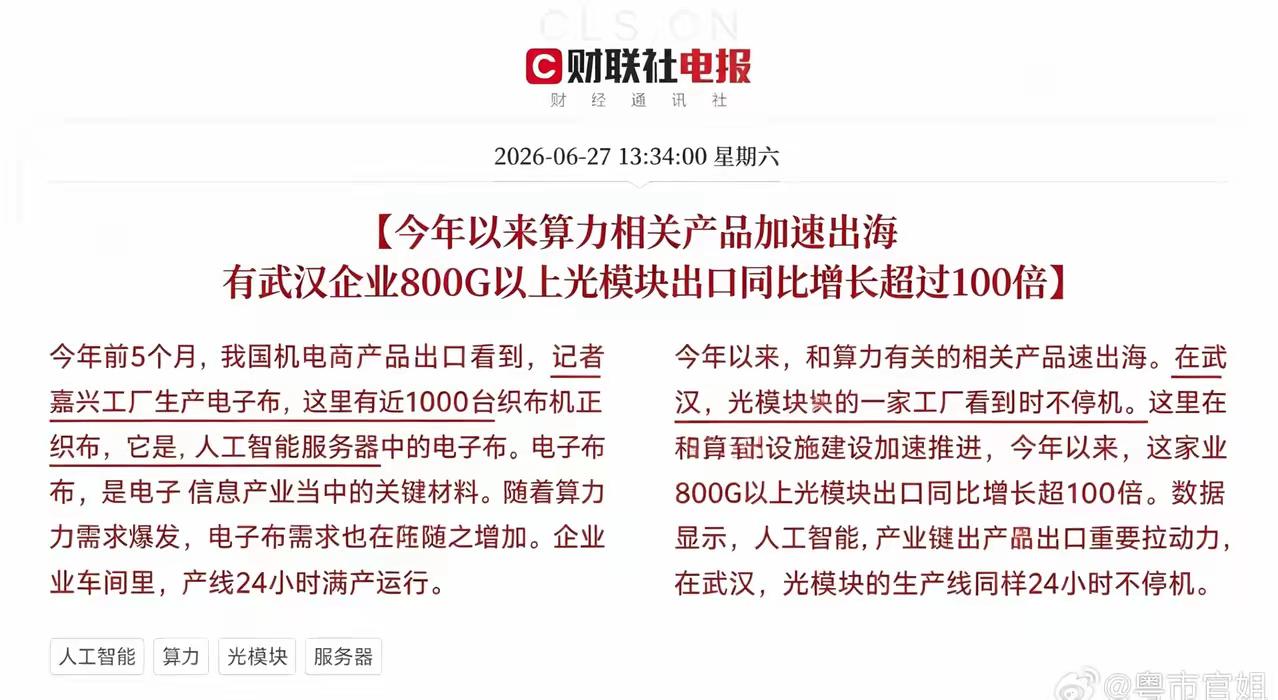 炸了！算力出海数据彻底爆发！武汉800G光模块出口暴涨100倍，24小时不停机生