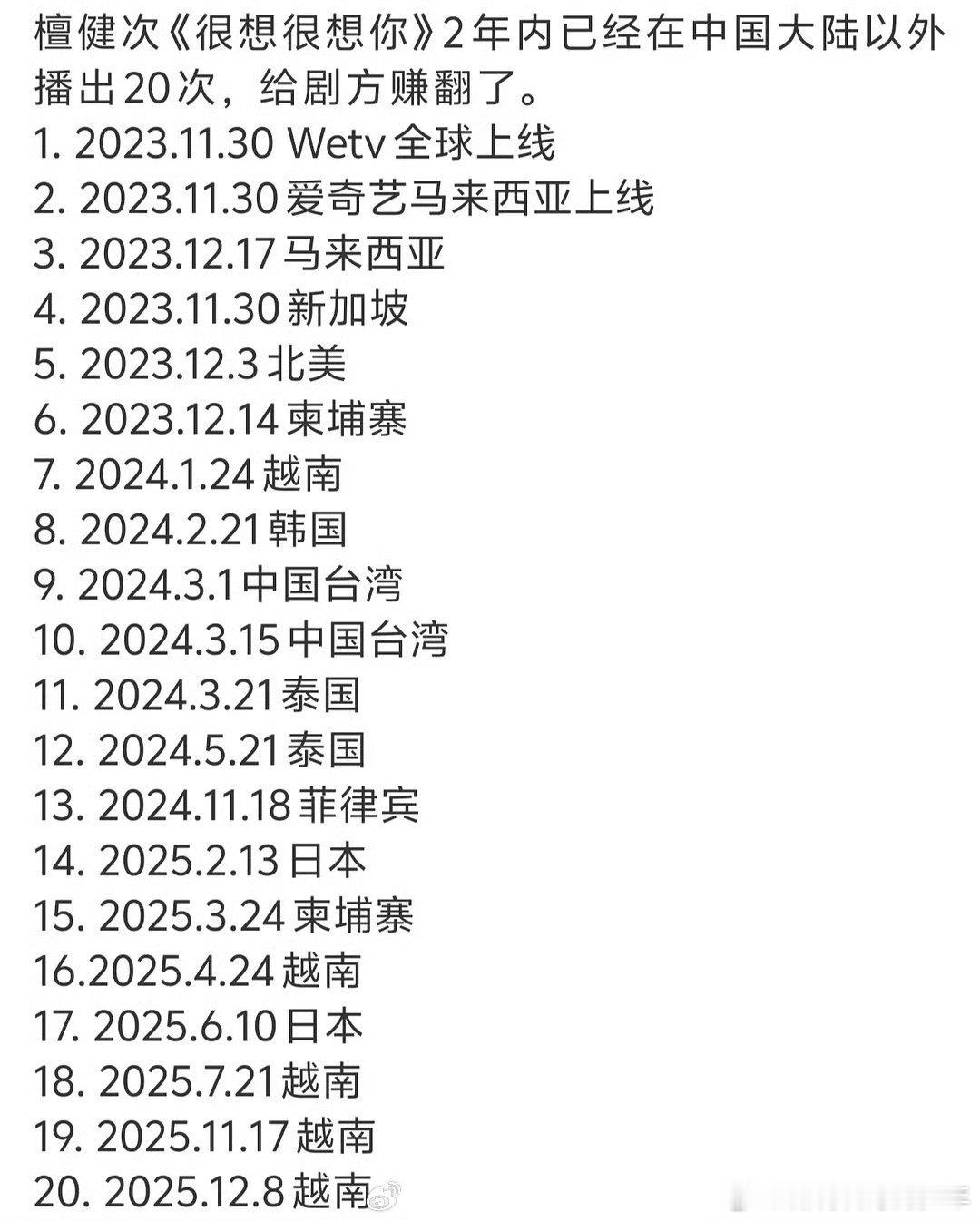 檀健次《很想很想你》12月8日将在越南HTV2 电视台当地时间晚8:00播出。这