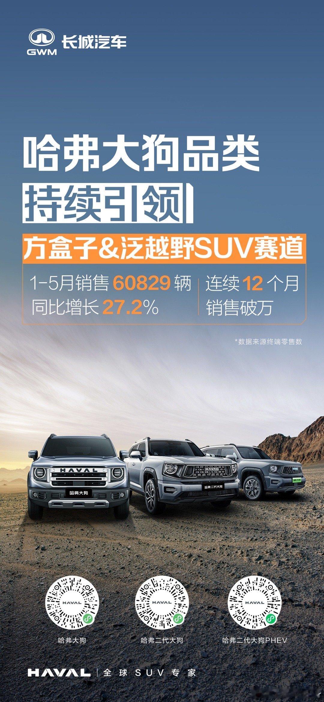 哈弗大狗品类1-5月销售60829辆同比增长27.2%连续12个月销售破万持续引