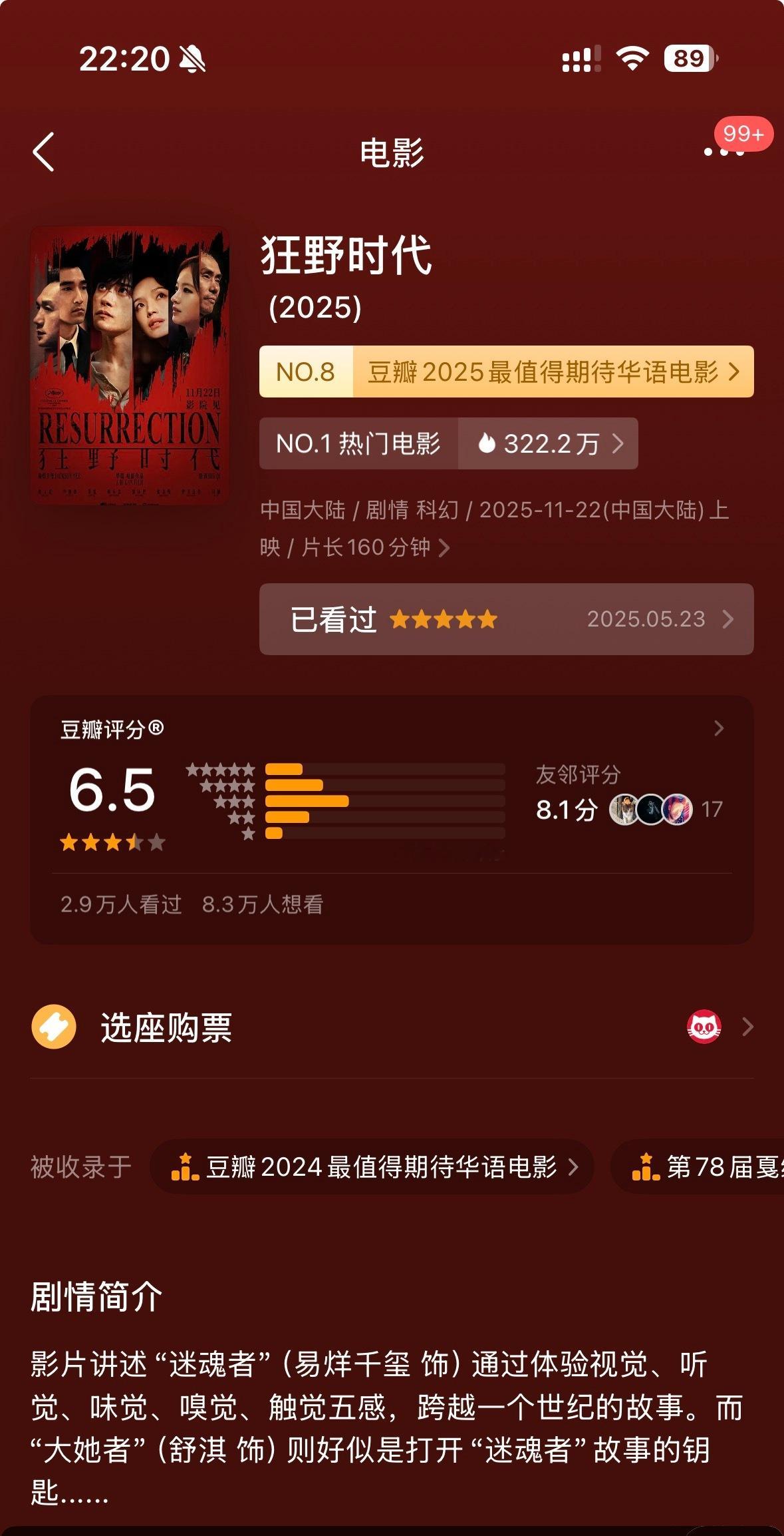 《狂野时代》豆瓣开分6.5，我的友邻评分8.1