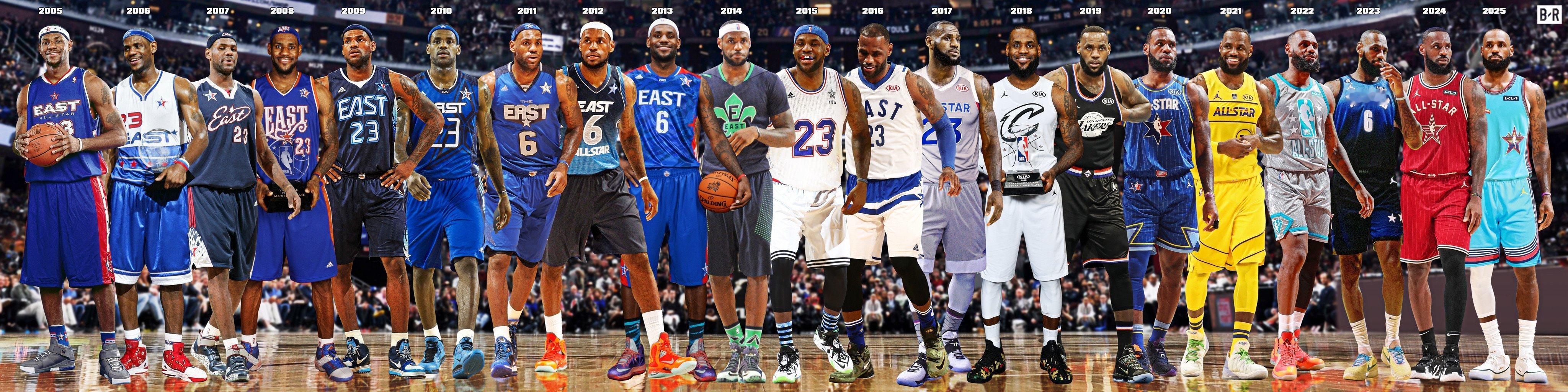 美媒《露天看台》将詹姆斯每次参加全明星的照片合成在一起，太震撼了，你看的第一届是