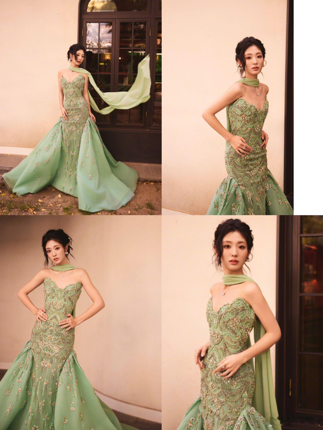 邢菲只需稍微出手 邢菲造型从不失手！黑色深V礼服自带气场，垂坠面料摇曳生姿，绿色