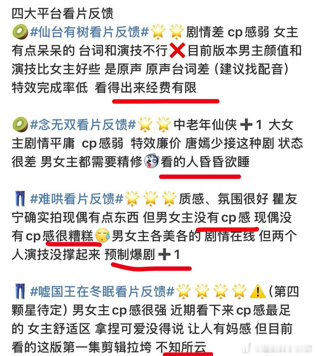 下一波对打新剧看片反馈来了，怎么感觉每一部看起来都很难爆的样子，有点失望啊，难道