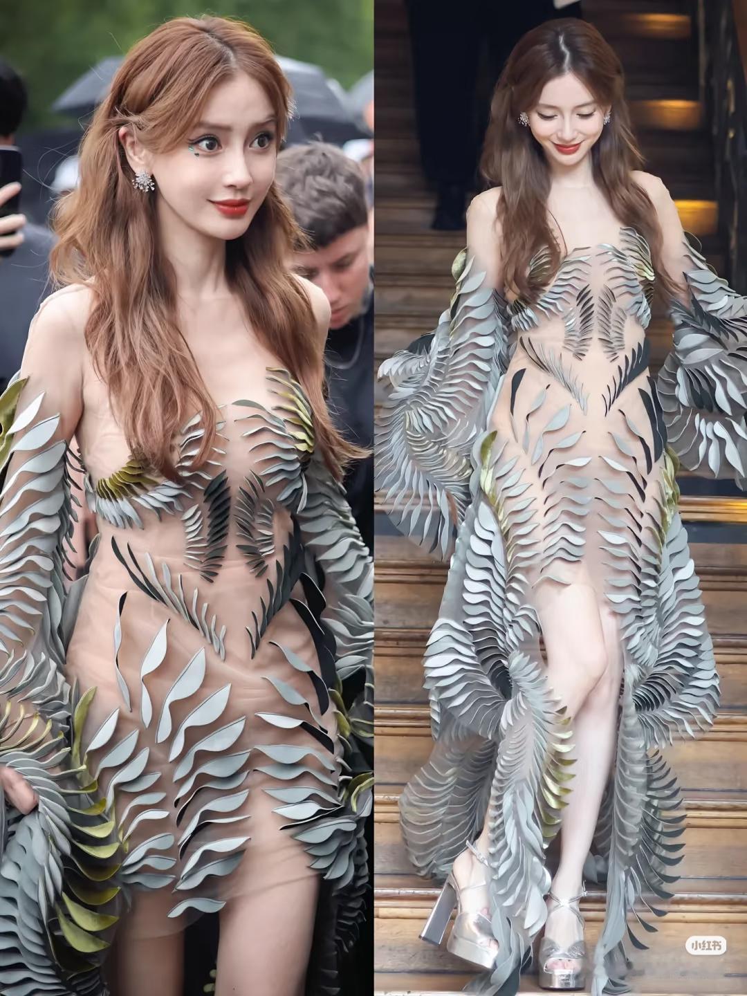 杨颖这身“叶脉”礼服太绝了！立体剪裁像把森林穿在身上，不管是短款的灵动还是长款的