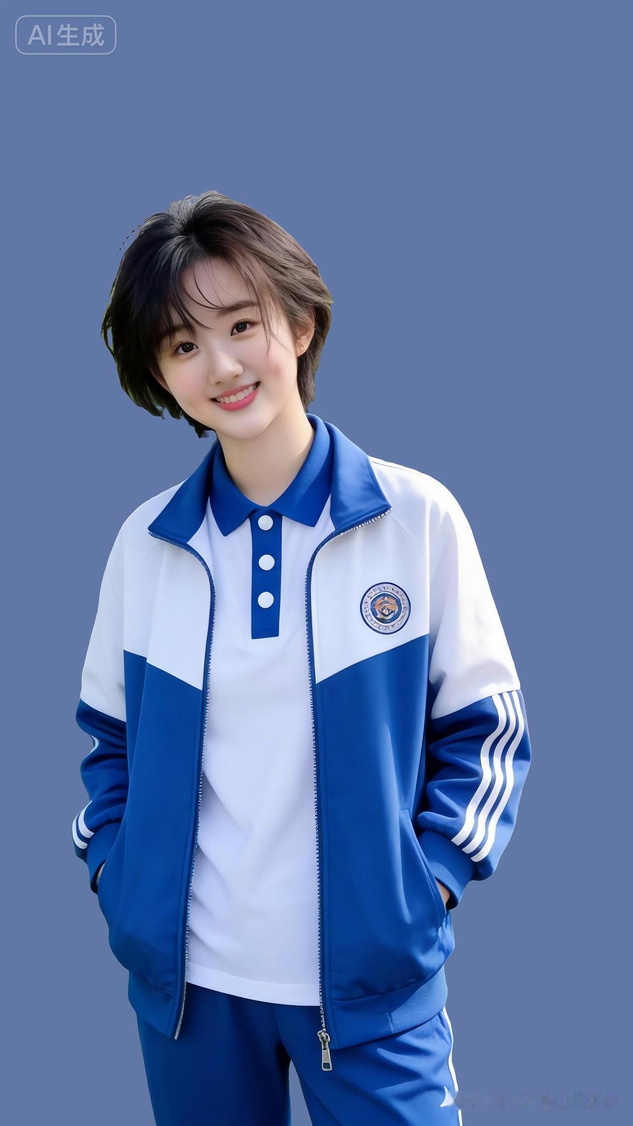 利落短发的东亚少女眉眼灵动，浅笑清甜。身着蓝白校服，双手插兜姿态随性。满是鲜活热