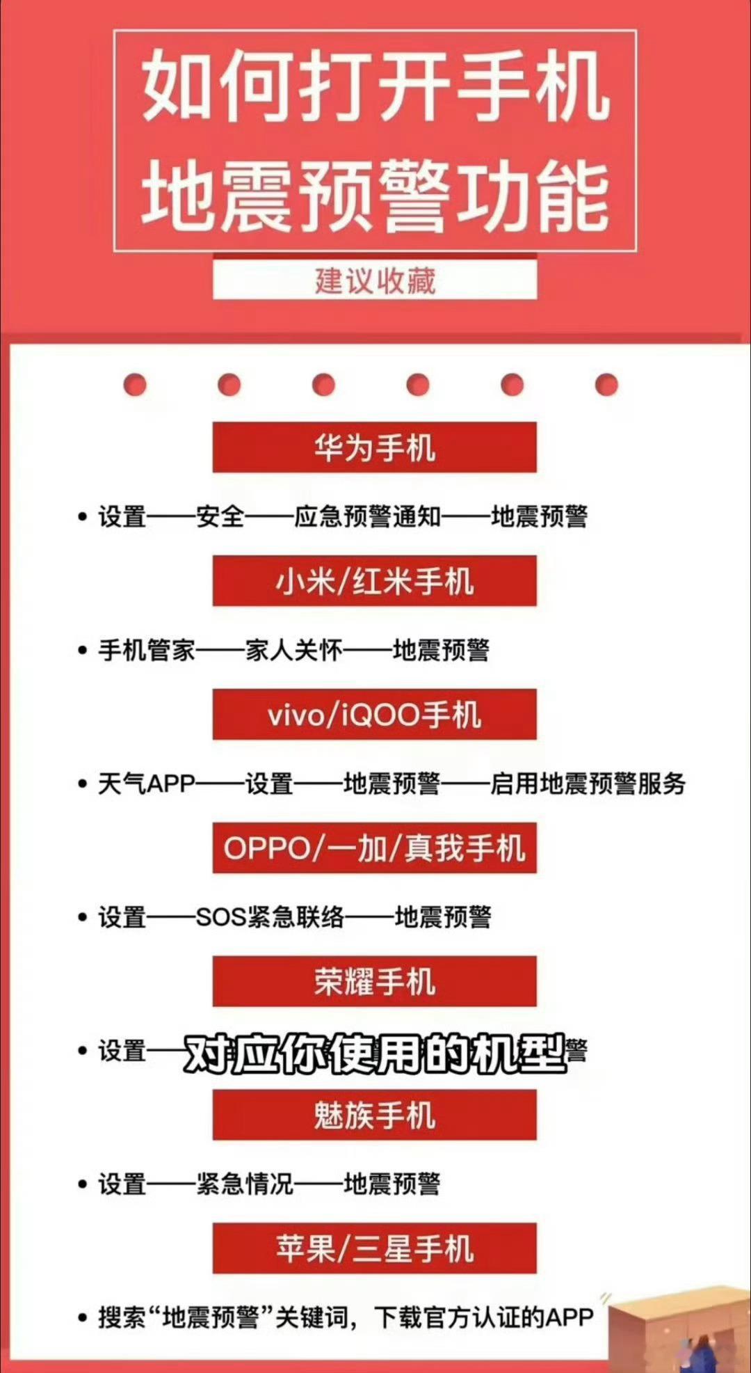 苹果手机 地震预警1、OPPO：设置→SOS紧急联络→地震预警2、vivo：天气