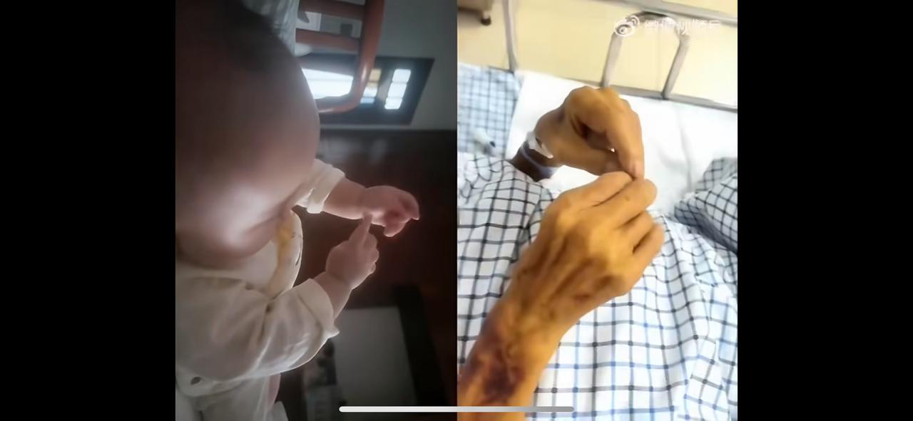什么叫轮回？看图一：一个是出生不久的孩子还在怀念玩脐带，图2:一个老人临终循衣摸