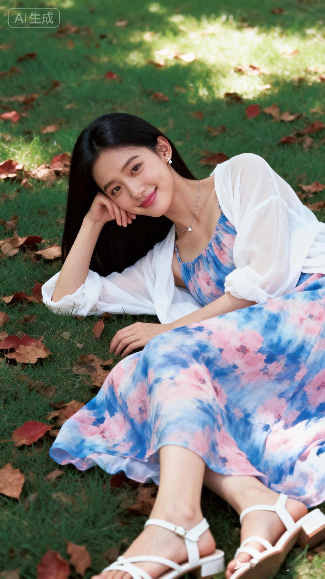 精致美少女，冷白皮鹅蛋脸，笑容甜美治愈。黑长直配精致耳饰细项链，蓝粉渐变花裙搭白