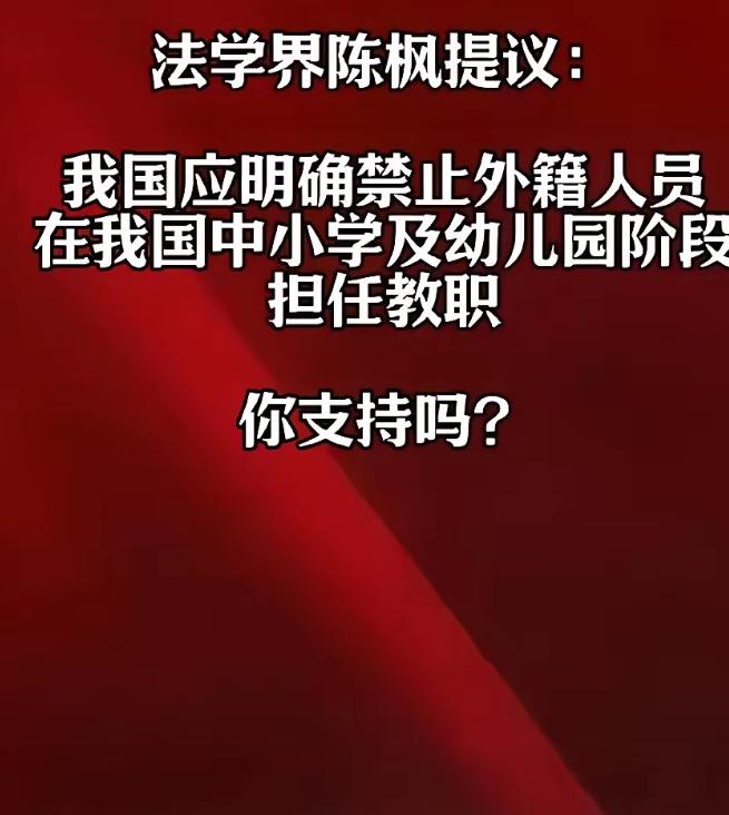 法学界人士陈枫提出，我国应通过立法明确规定，不允许外籍人士在幼儿园、小学及初中阶