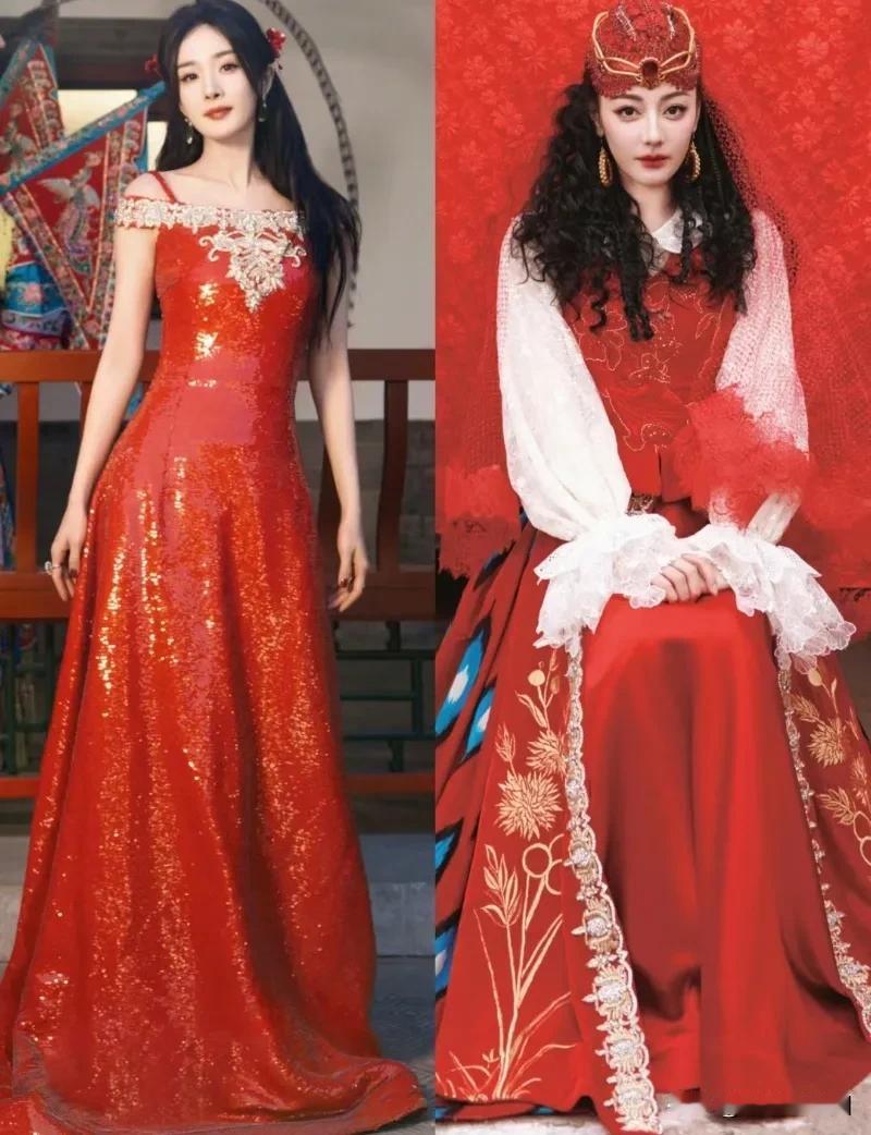 杨幂、热巴春晚造型，两人都上身了LAURENCE XU特别定制礼服，迪丽热巴身穿