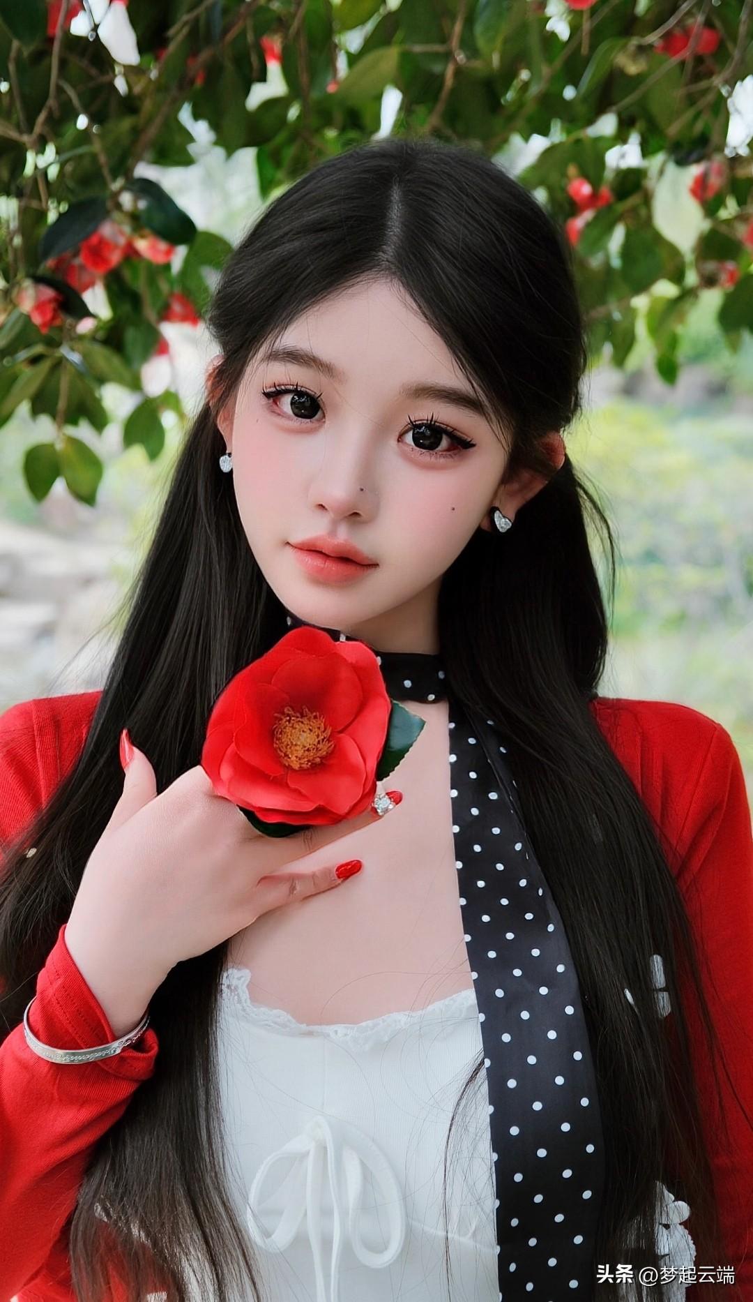 红衣美人倚花枝，娇颜似画入诗行。