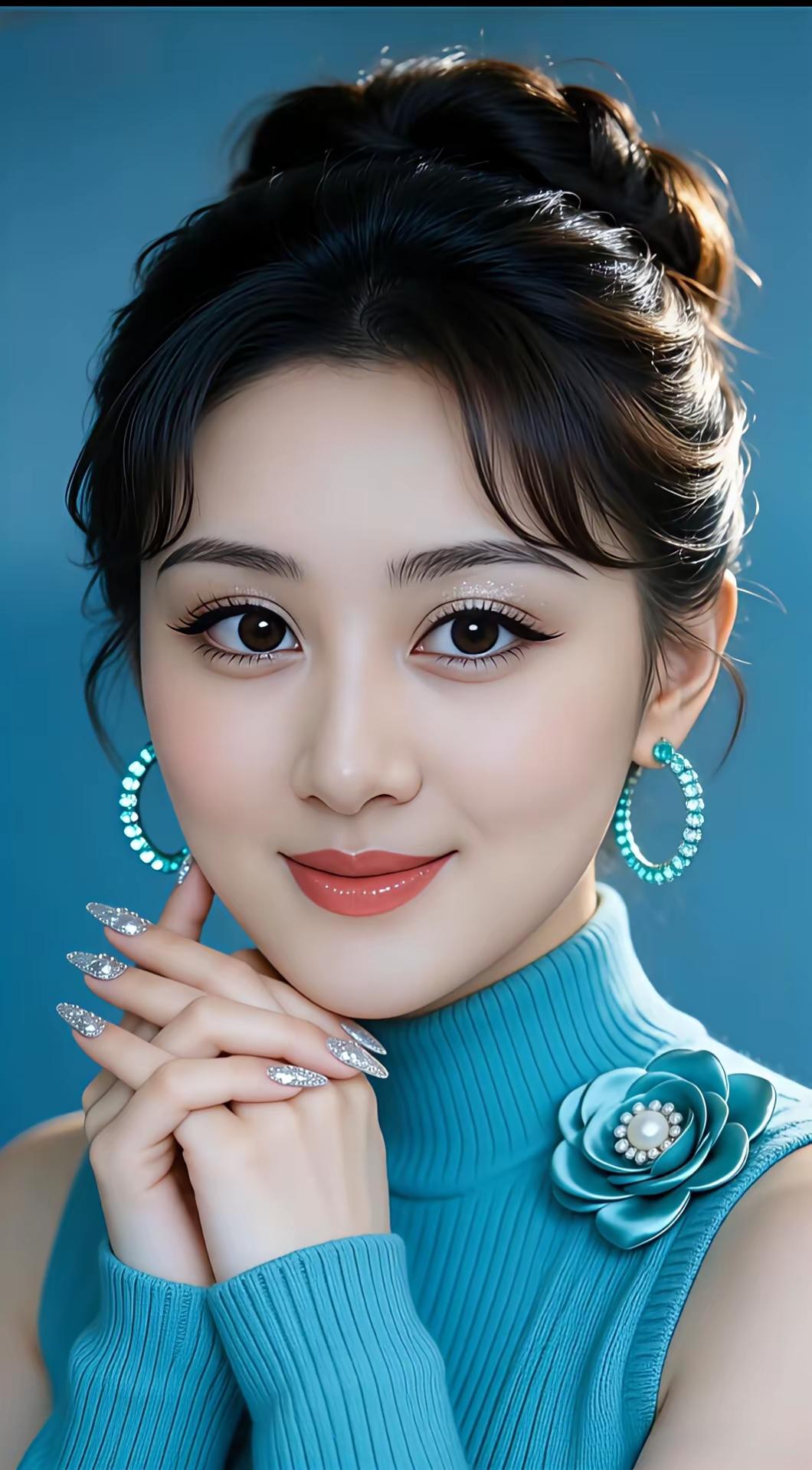 蓝调温柔在线，精致妆容配闪钻美甲，笑容如春日暖阳，治愈感满分！